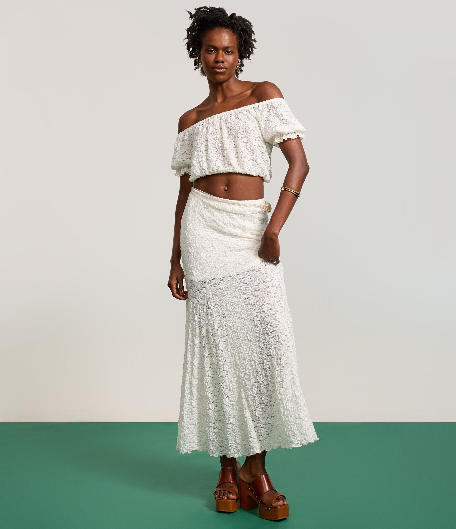 Saia Long Midi em Renda com Nesgas e Forro Curto Branco 6