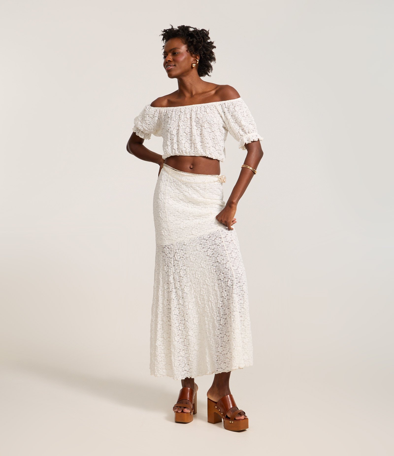 Saia Long Midi em Renda com Nesgas e Forro Curto Branco 2