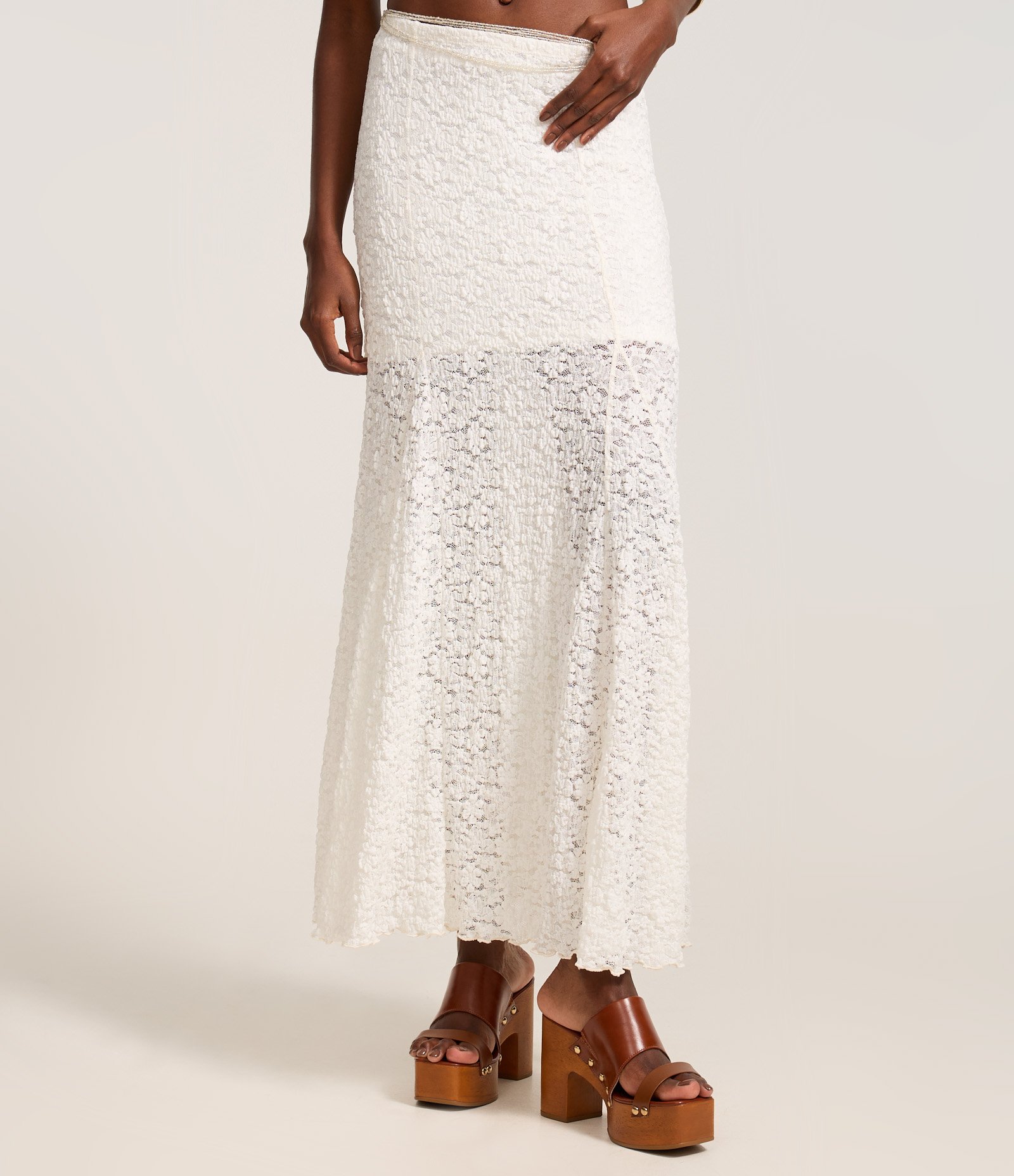 Saia Long Midi em Renda com Nesgas e Forro Curto Branco 4
