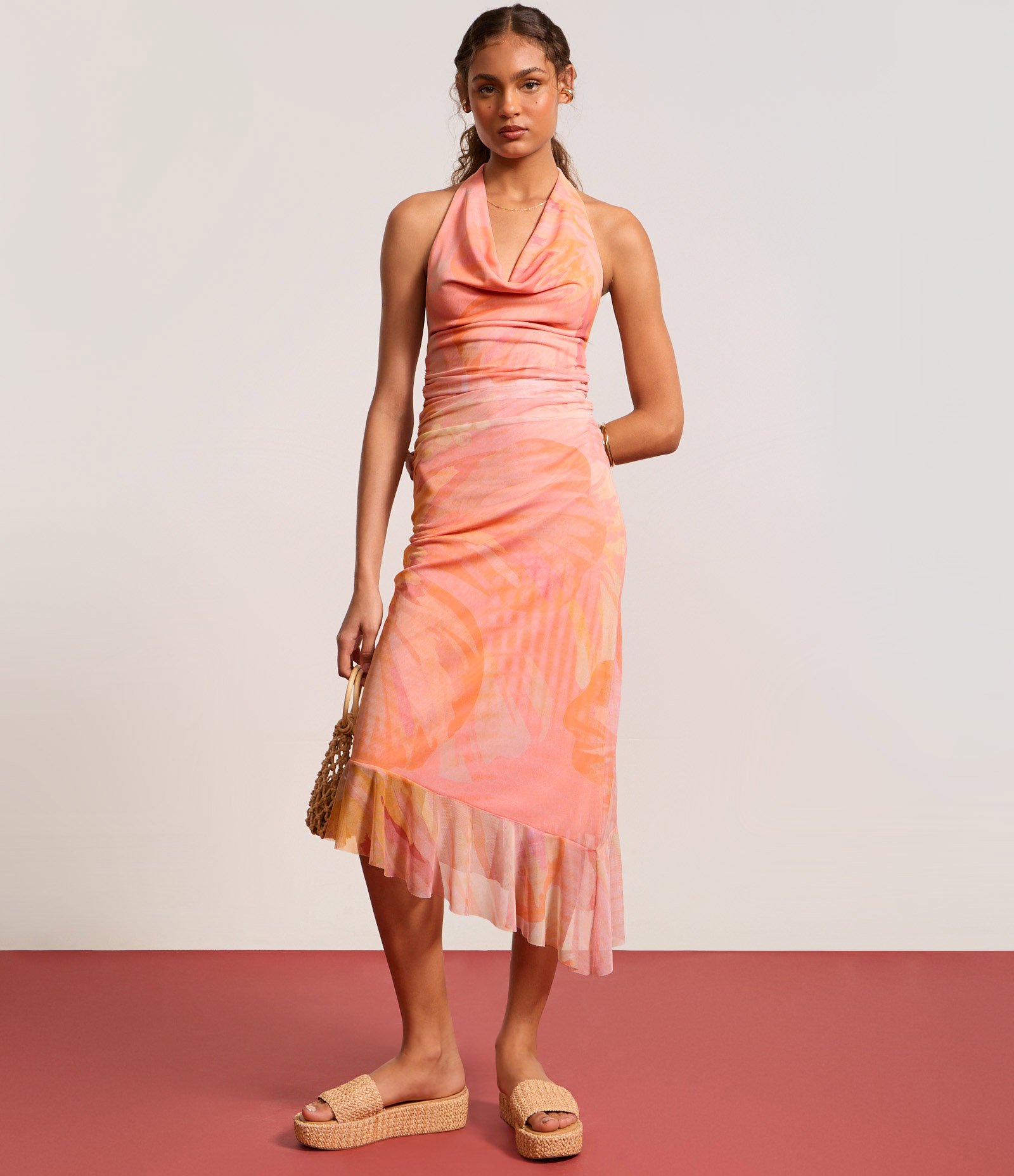 Vestido Frente Única em Tule com Estampa Floral e Decote Degagê Salmão 6