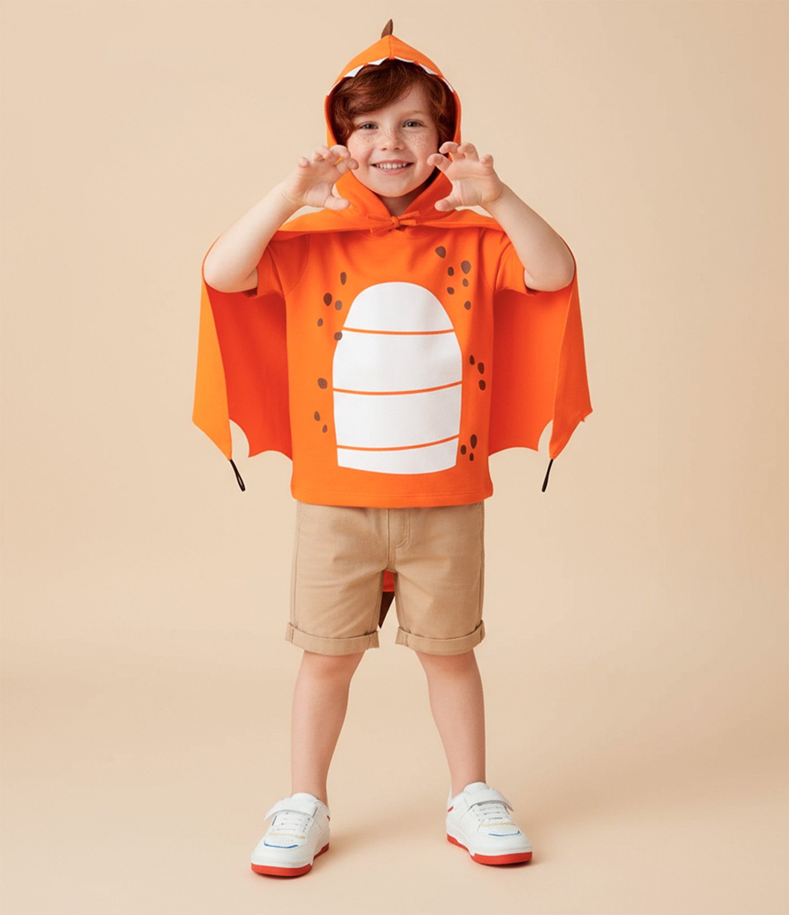 Camiseta Infantil com Estampa de Dragão e Capa - Tam 1 a 6 Anos Laranja 1