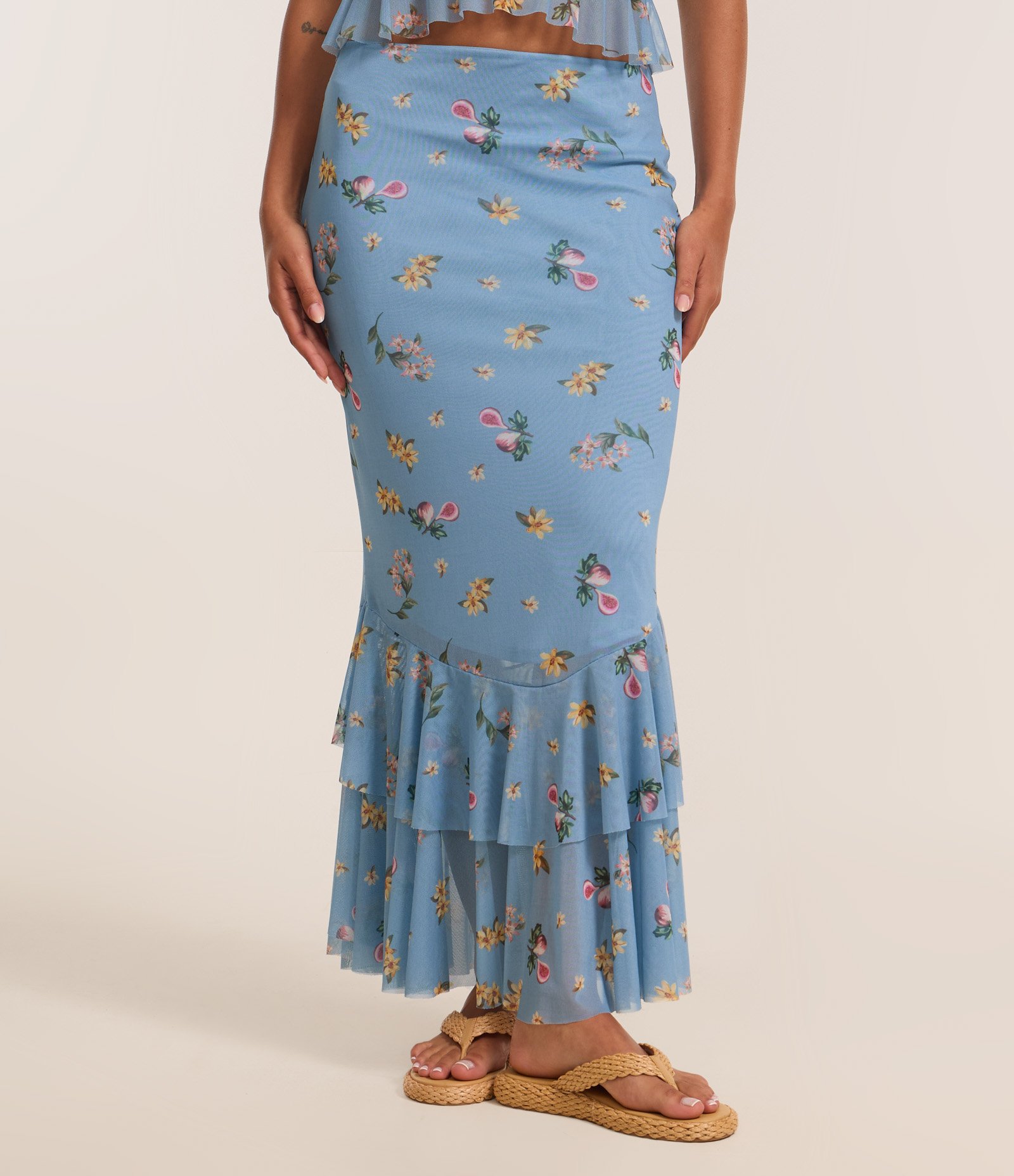 Saia Long Midi com Estampa Floral Liberty e Babado na Barra Azul 3