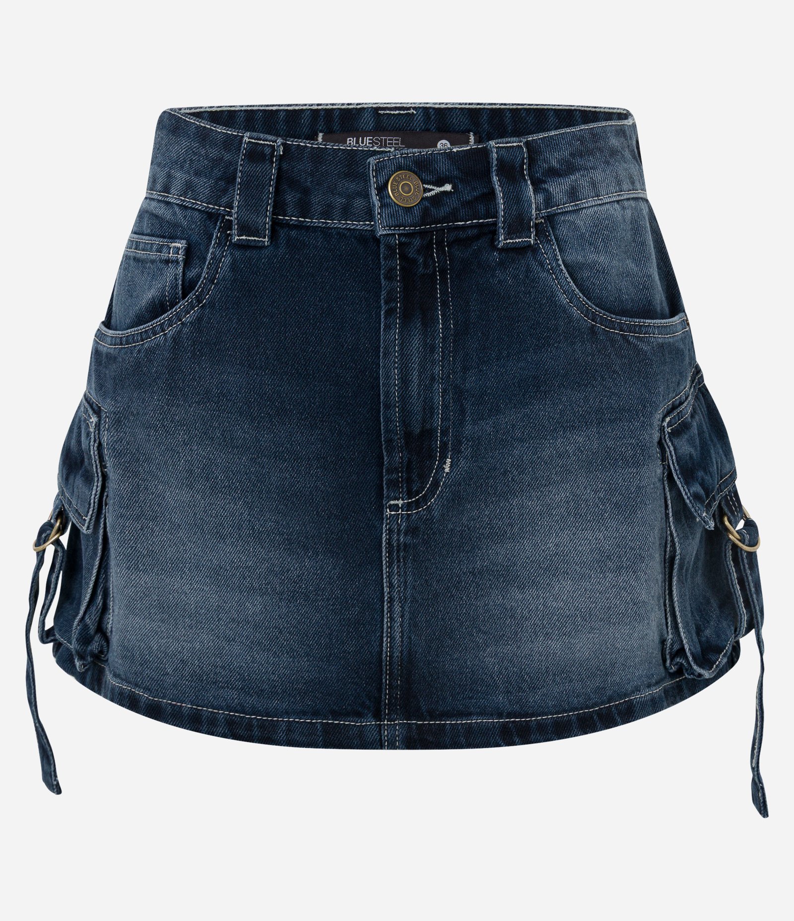 Mini Saia em Jeans Marmorizado com Bolso Cargo Afivelado Escuro 5
