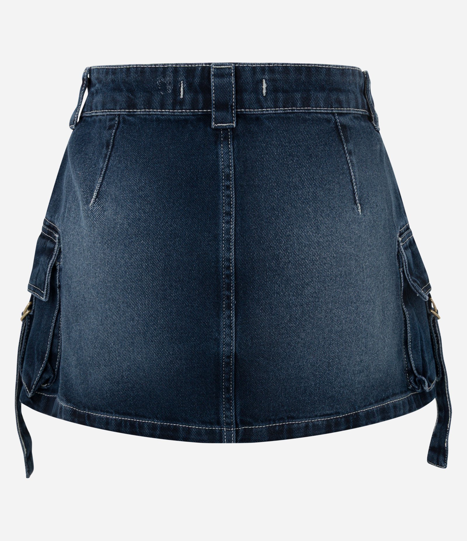 Mini Saia em Jeans Marmorizado com Bolso Cargo Afivelado Escuro 6