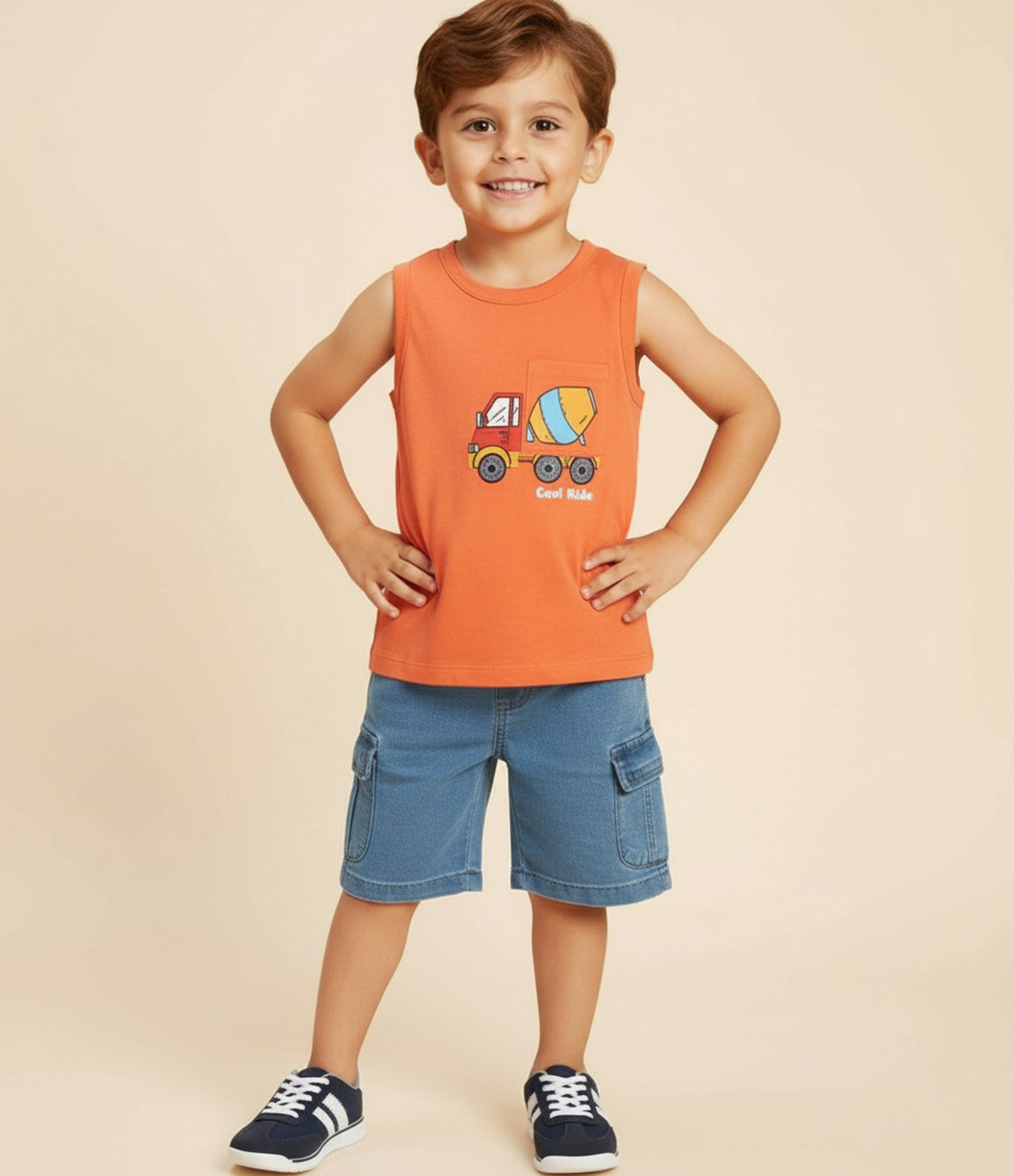 Regata Infantil com Bolsinho Estampado de Trator - Tam 1 a 6 Anos Laranja 1