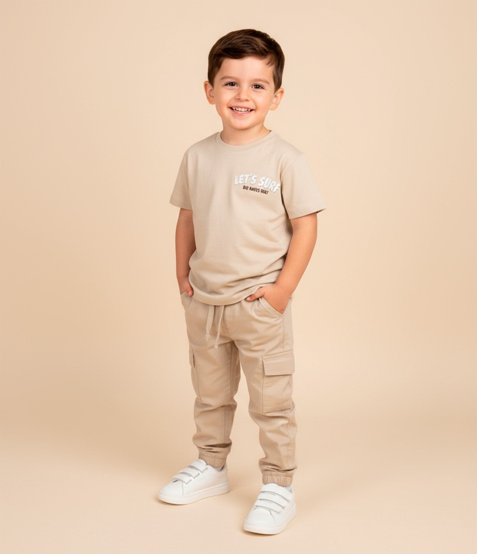 Camiseta Infantil Tigrinho com Prancha - Tam 1 a 6 Bege 1