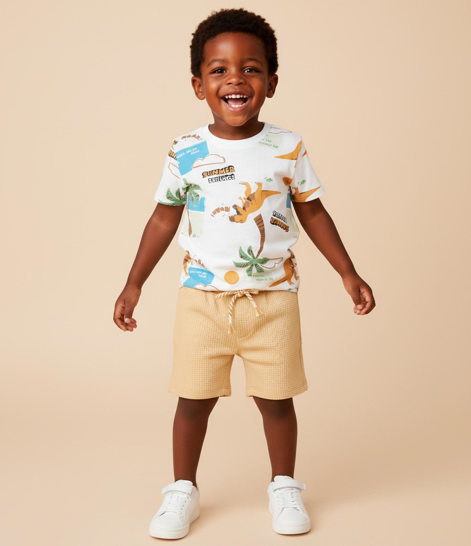 Camiseta Infantil com Estampa de Dinossauros - Tam 1 a 6 Anos Bege 1