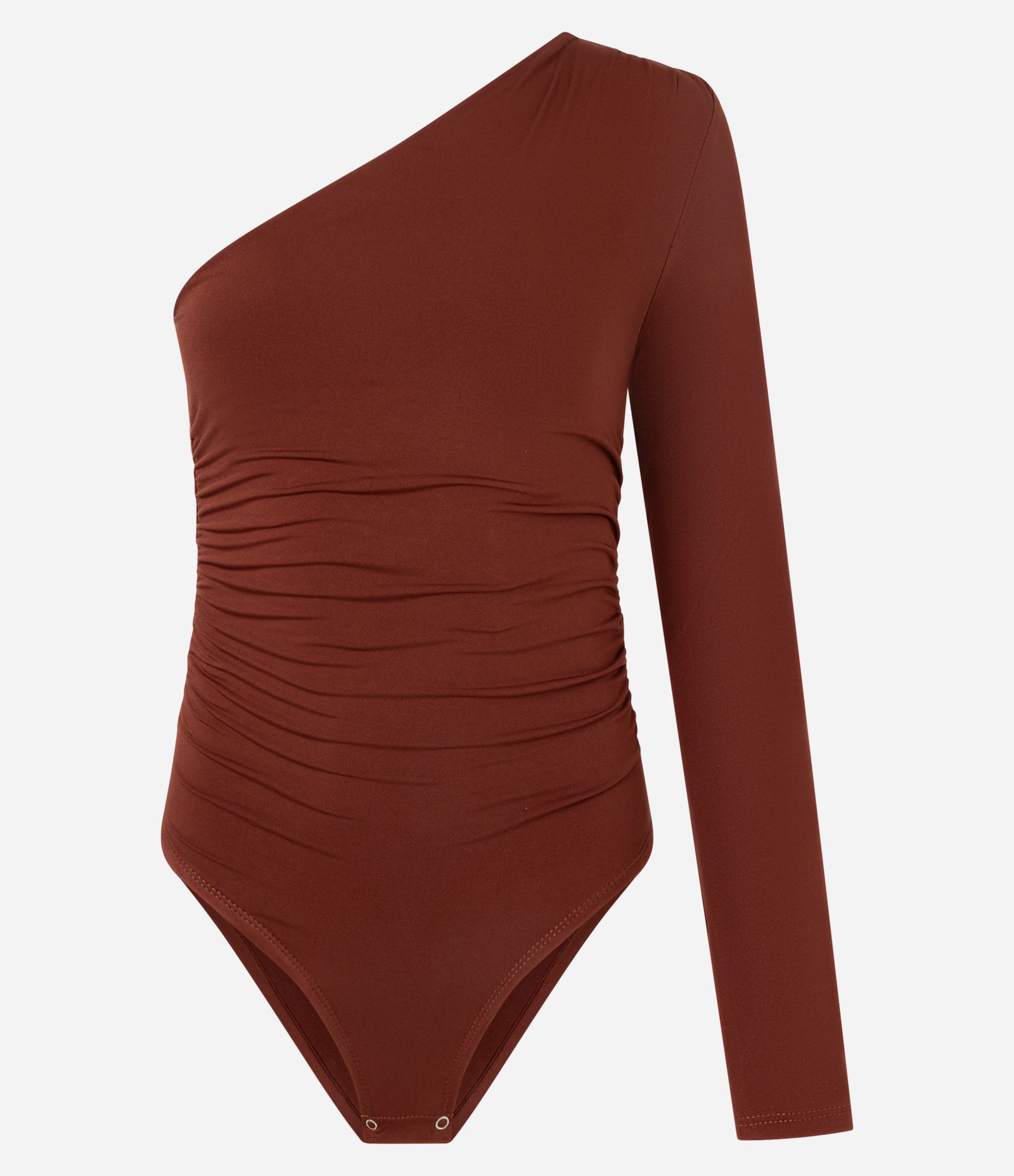 Body com Um Ombro Só e Drapeados Laterais Marrom 5
