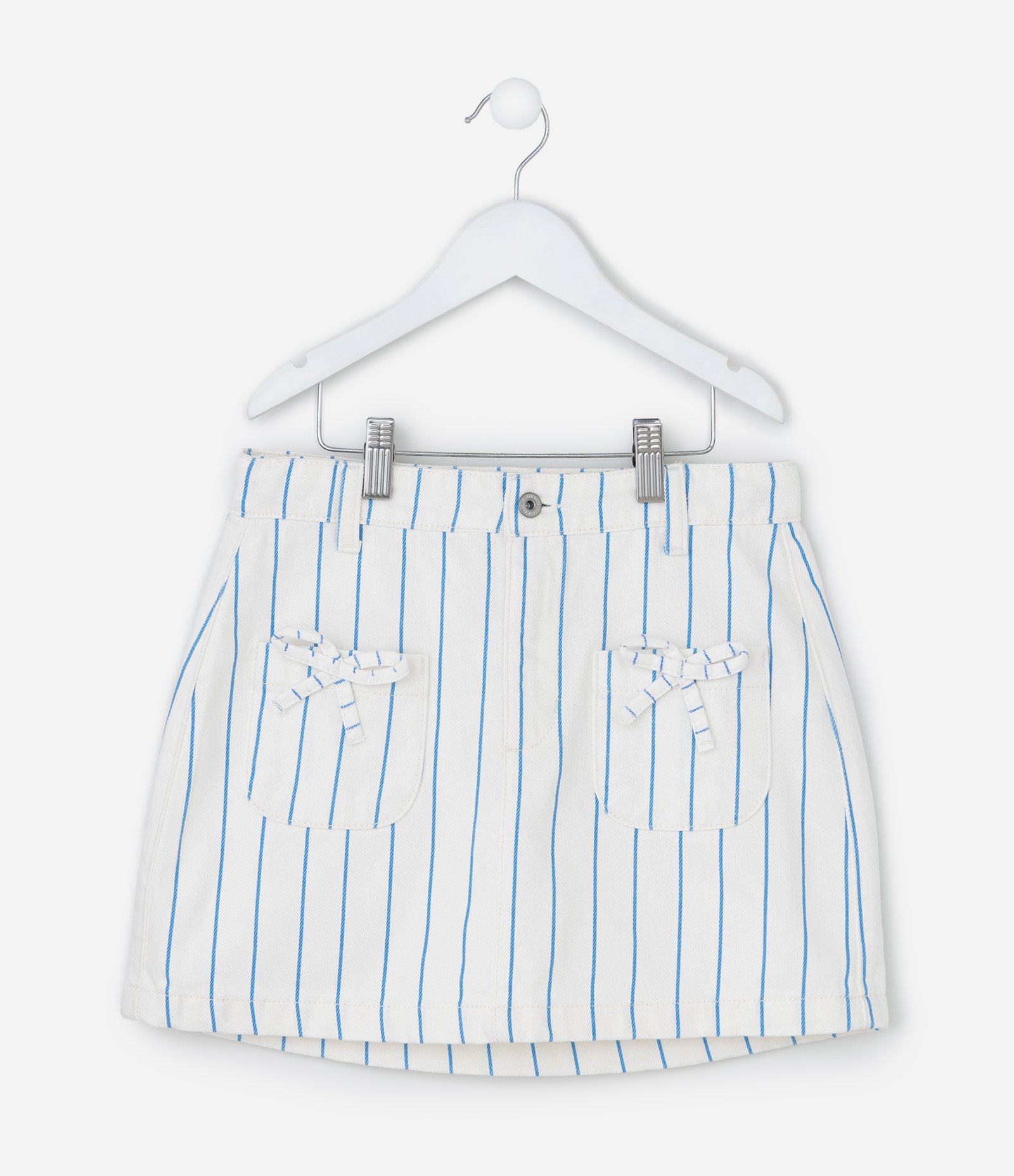 Saia Regular Infantil em Sarja com Estampa de Listras e Lacinho - Tam 5 a 14 Anos Branco 2