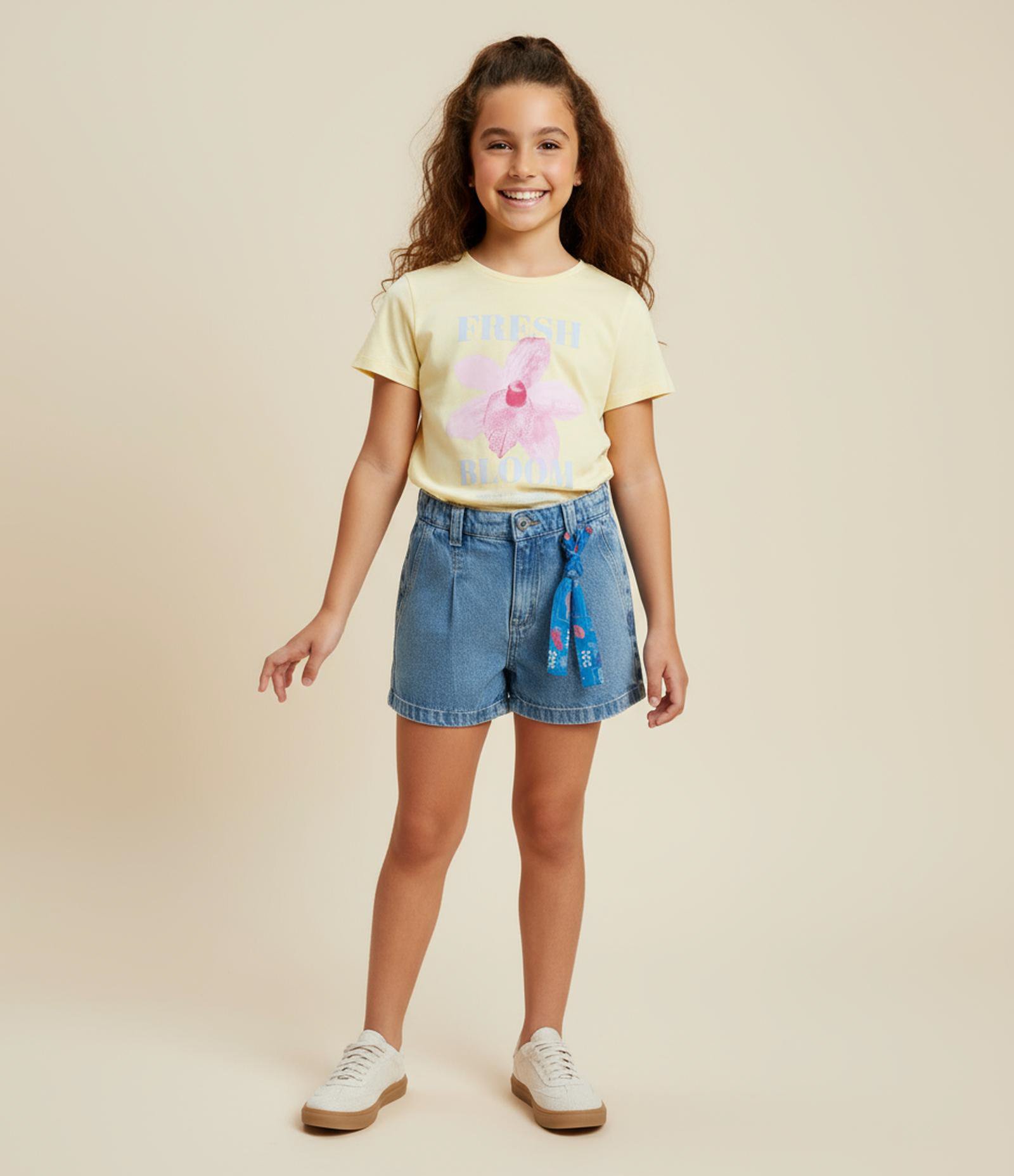 Short Mom Infantil em Jeans com Amarração em Faixa - Tam 5 a 14 Anos Azul 1
