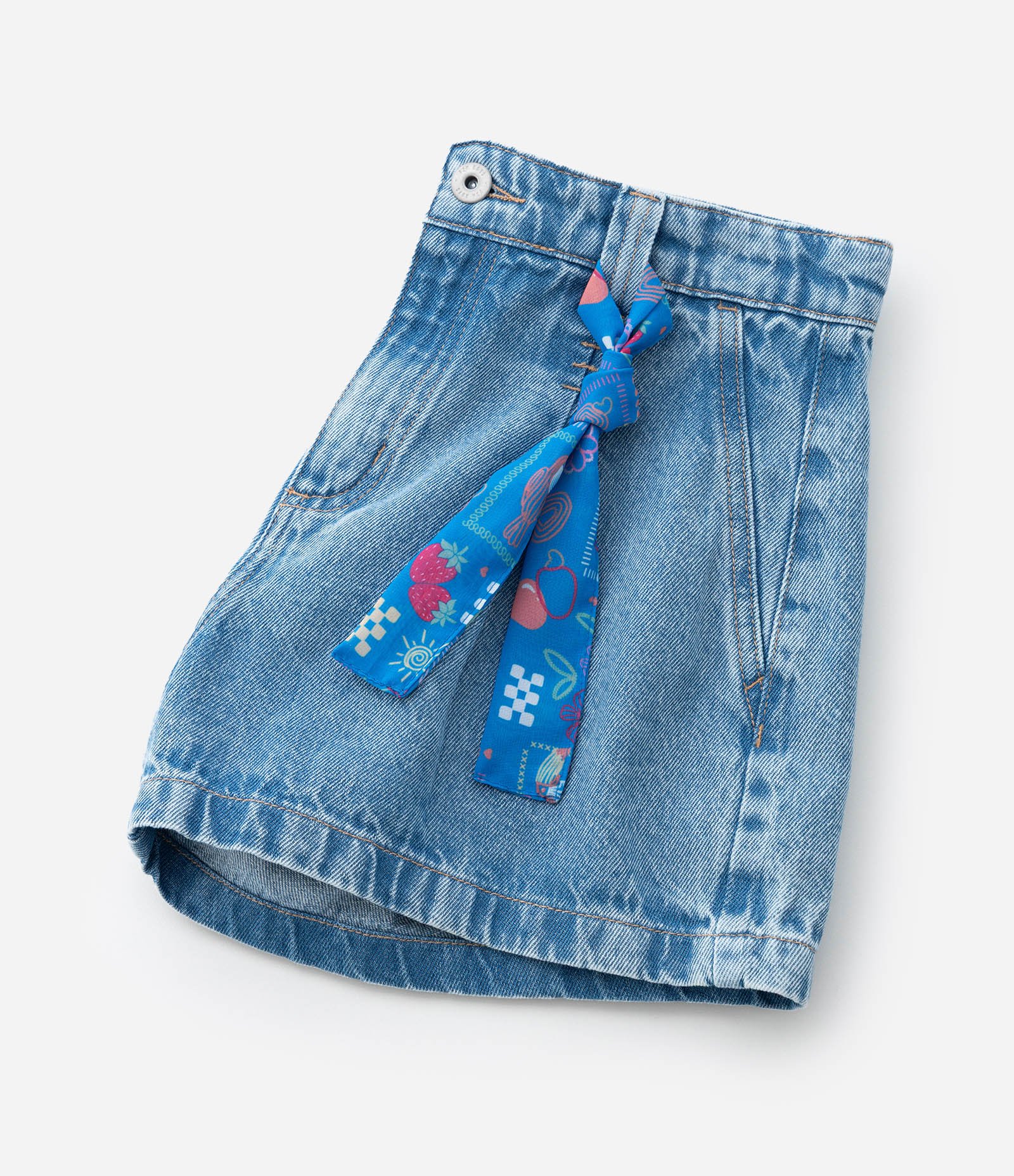 Short Mom Infantil em Jeans com Amarração em Faixa - Tam 5 a 14 Anos Azul 9