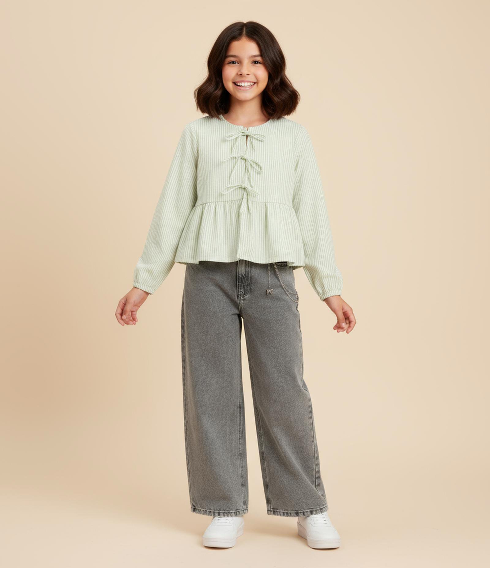 Calça Infantil Wide Leg em Jeans Estonada - Tam 5 a 14 Anos Cinza 1