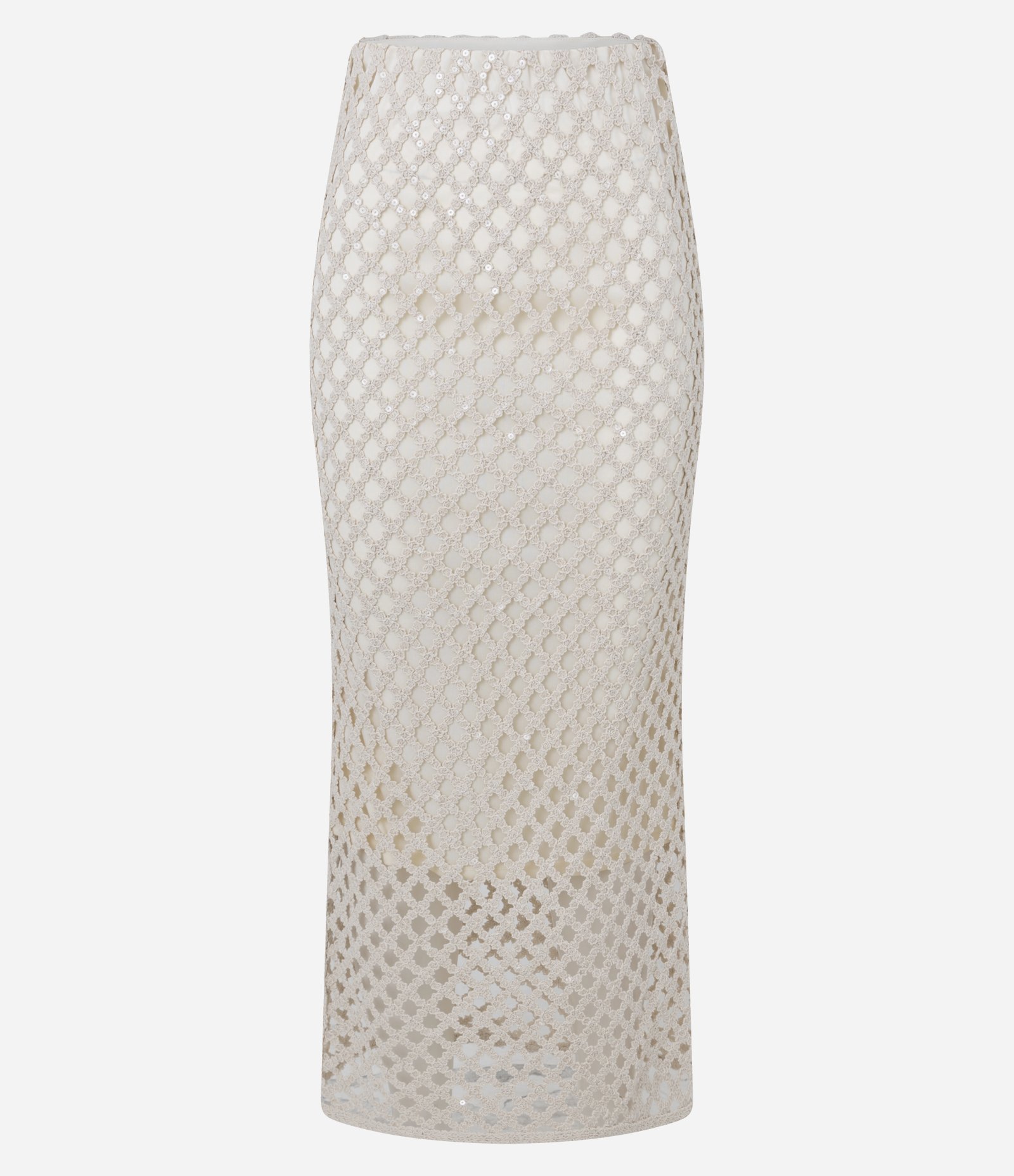 Saia New Midi em Renda de Efeito Crochê com Paetê Bege 6