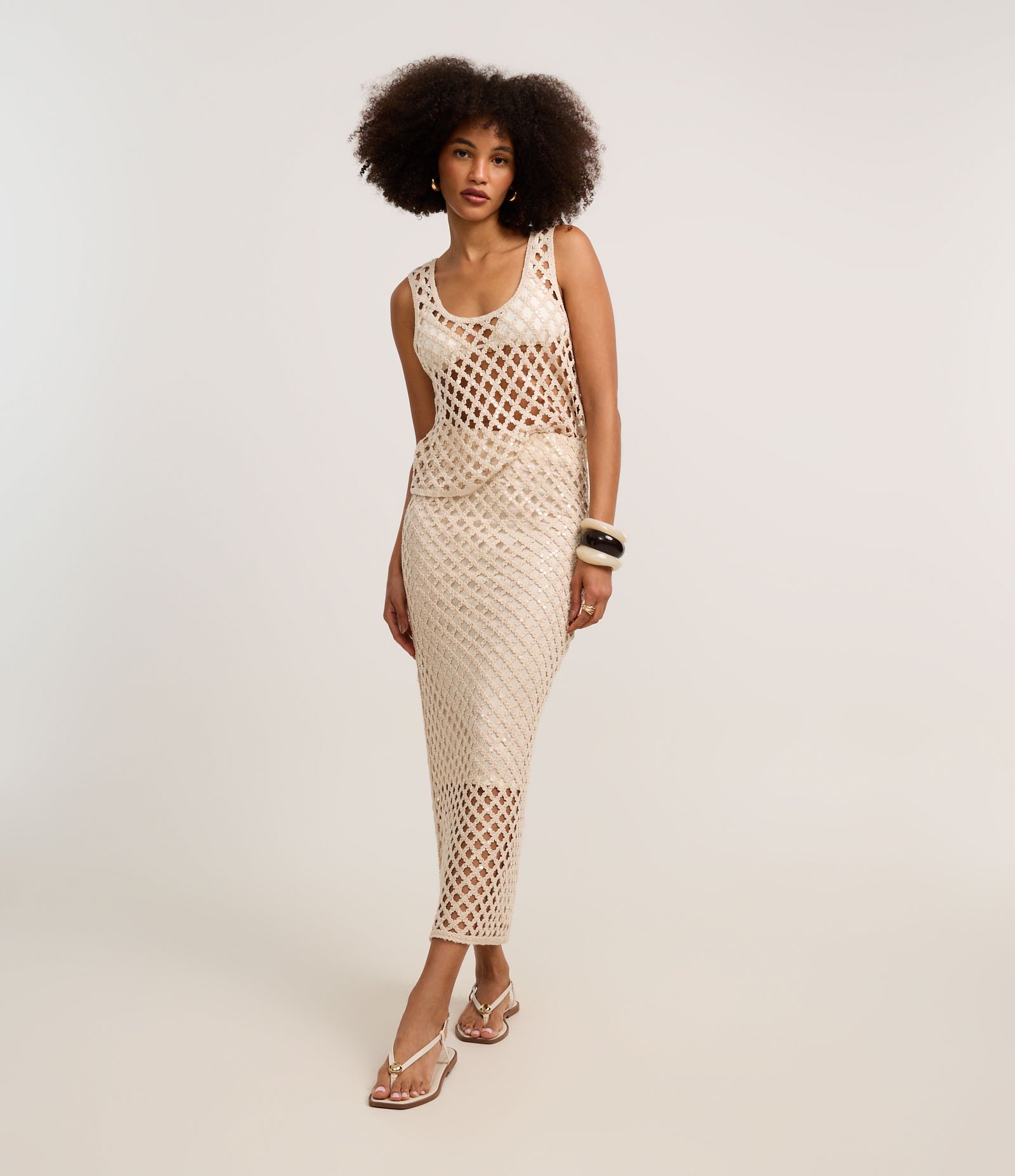 Saia New Midi em Renda de Efeito Crochê com Paetê Bege 1