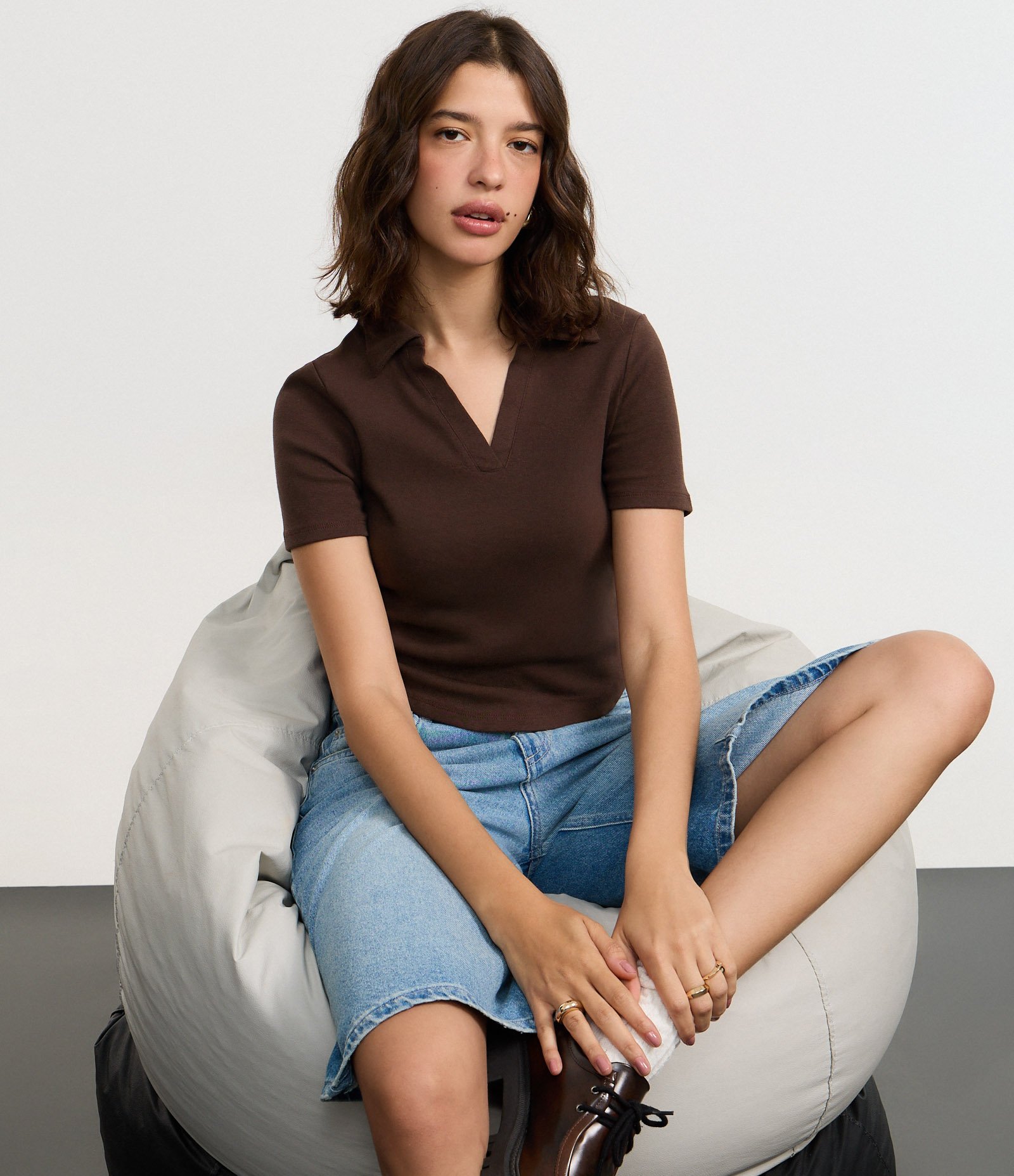 Blusa em Ribana com Gola Polo e Manga Curta Marrom 1