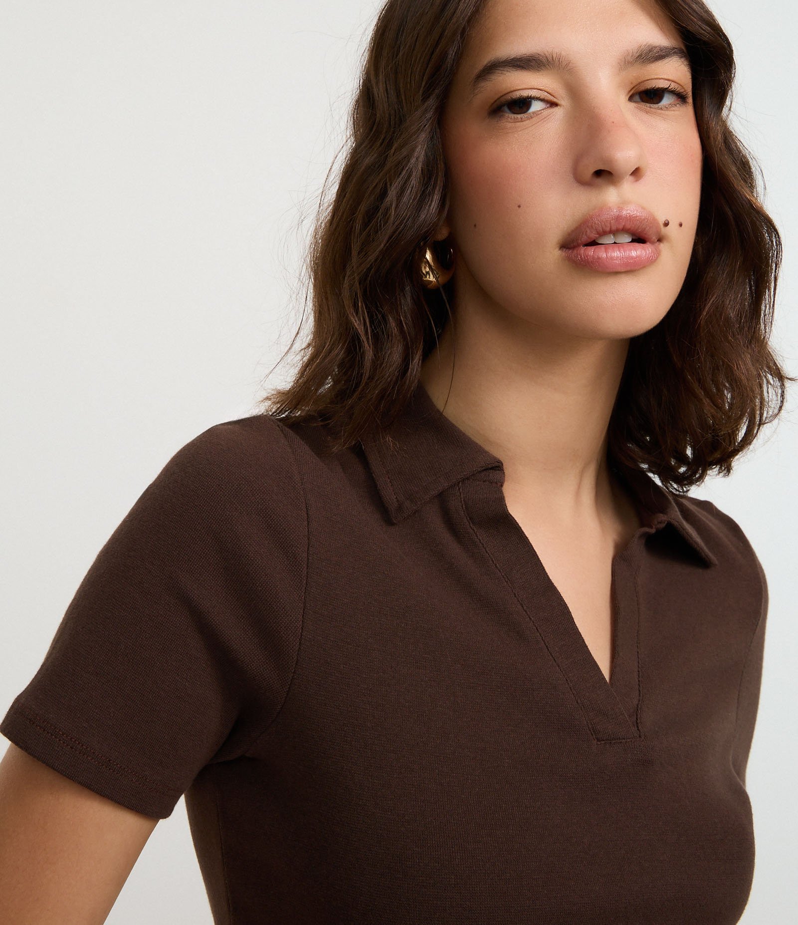 Blusa em Ribana com Gola Polo e Manga Curta Marrom 3