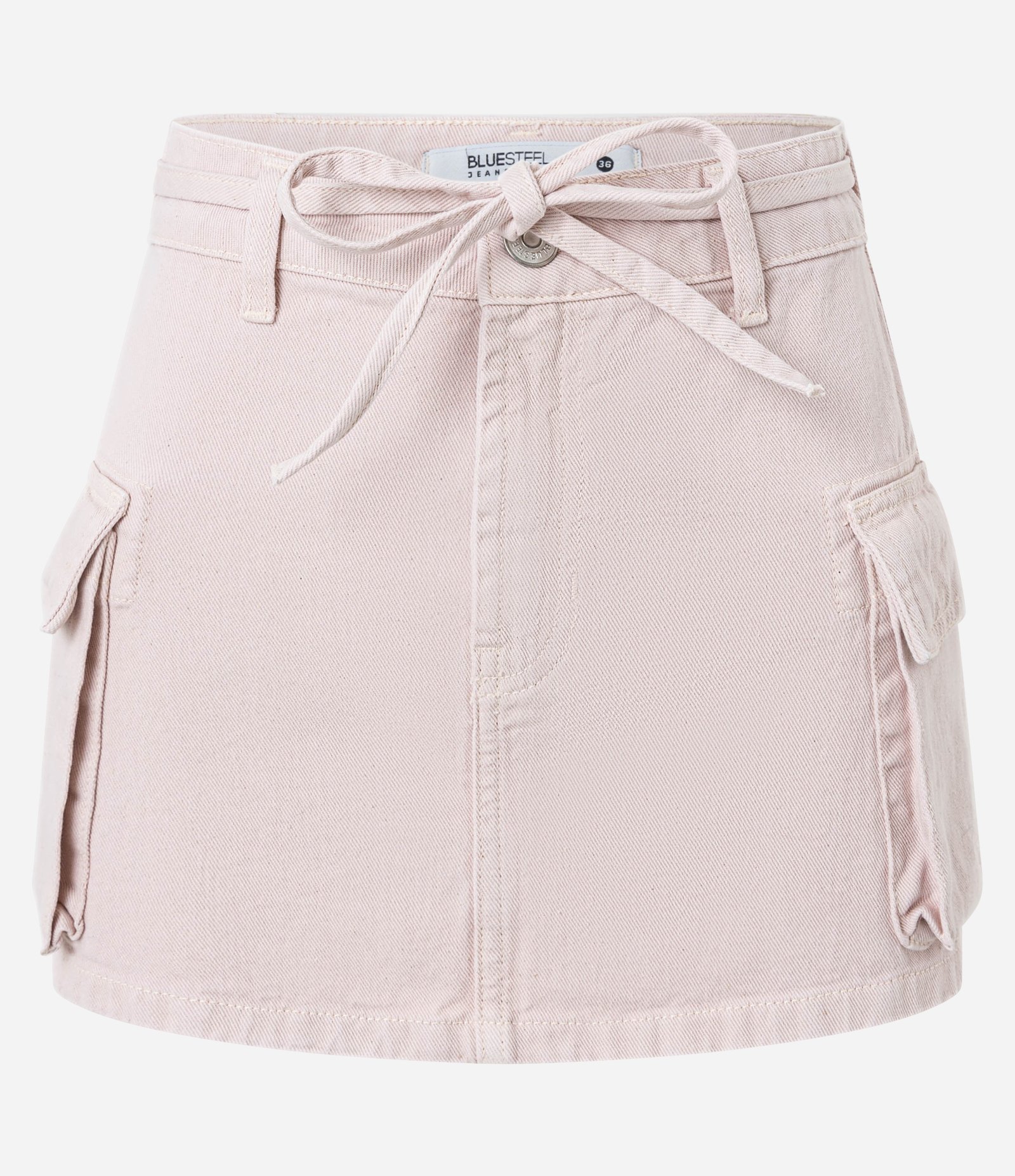 Minissaia em Sarja com Bolsos Cargo e Cintinho de Amarração Rosa Claro 5