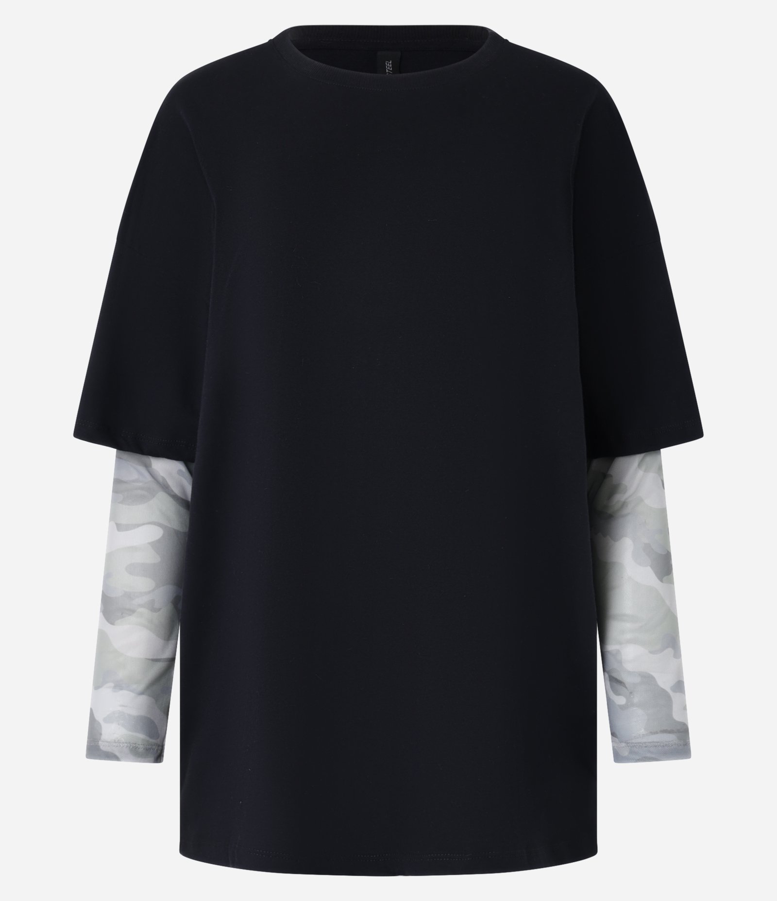 Camiseta Oversized com Manga de Tule Estampa Camuflada e Laço Preto 6