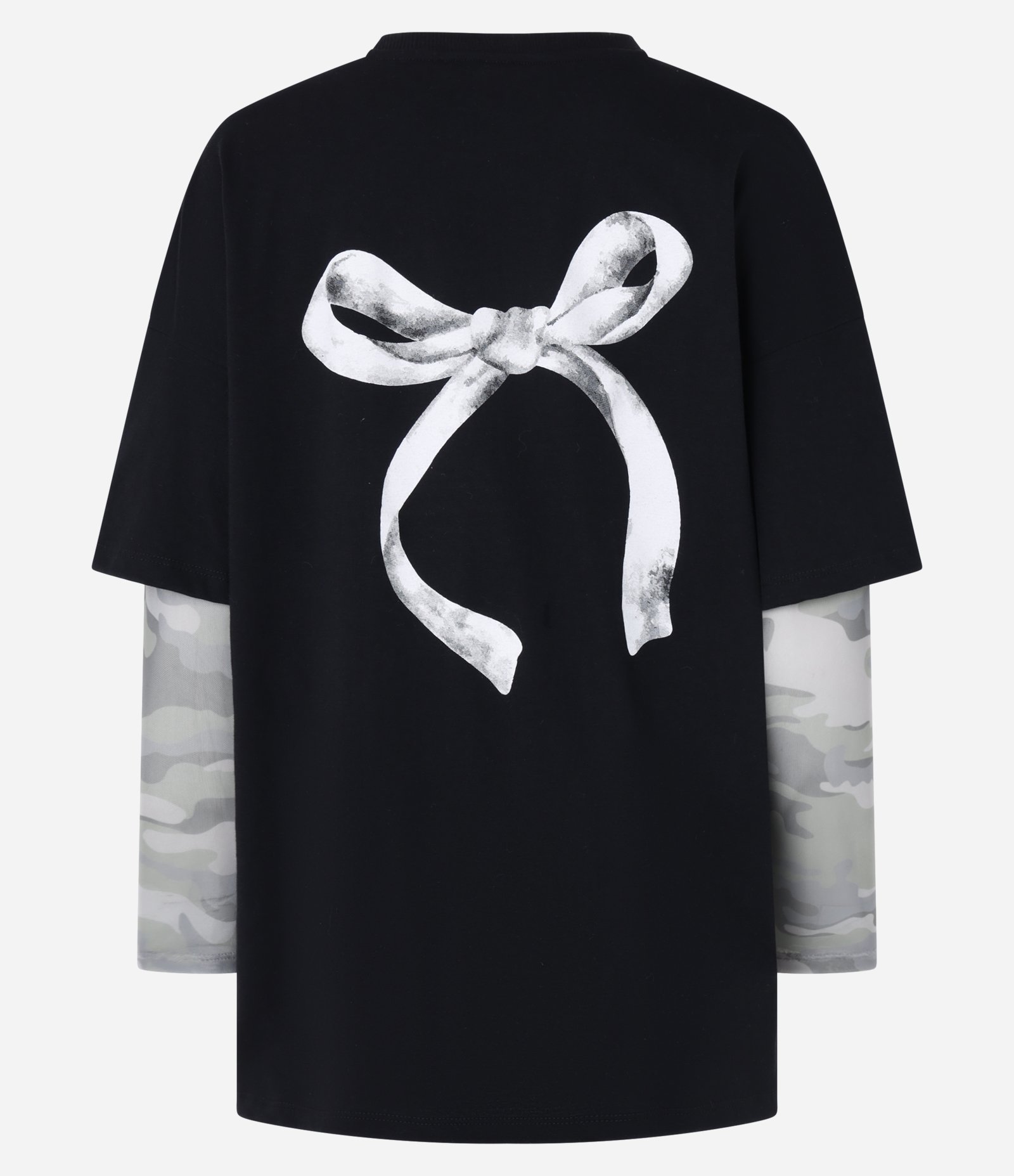 Camiseta Oversized com Manga de Tule Estampa Camuflada e Laço Preto 7