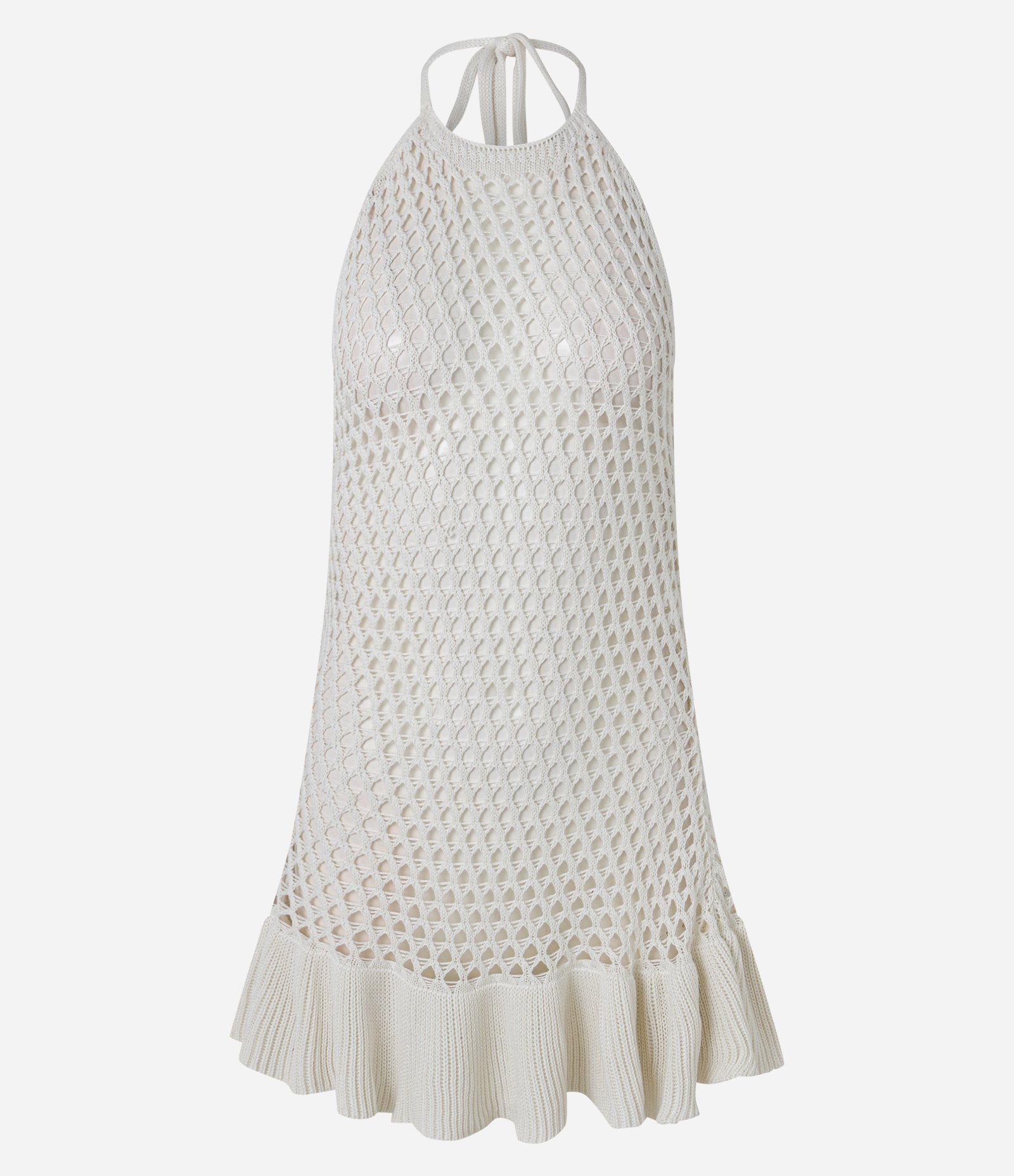 Saída de Praia Vestido Frente Única em Crochê com Babado na Barra Off White 5