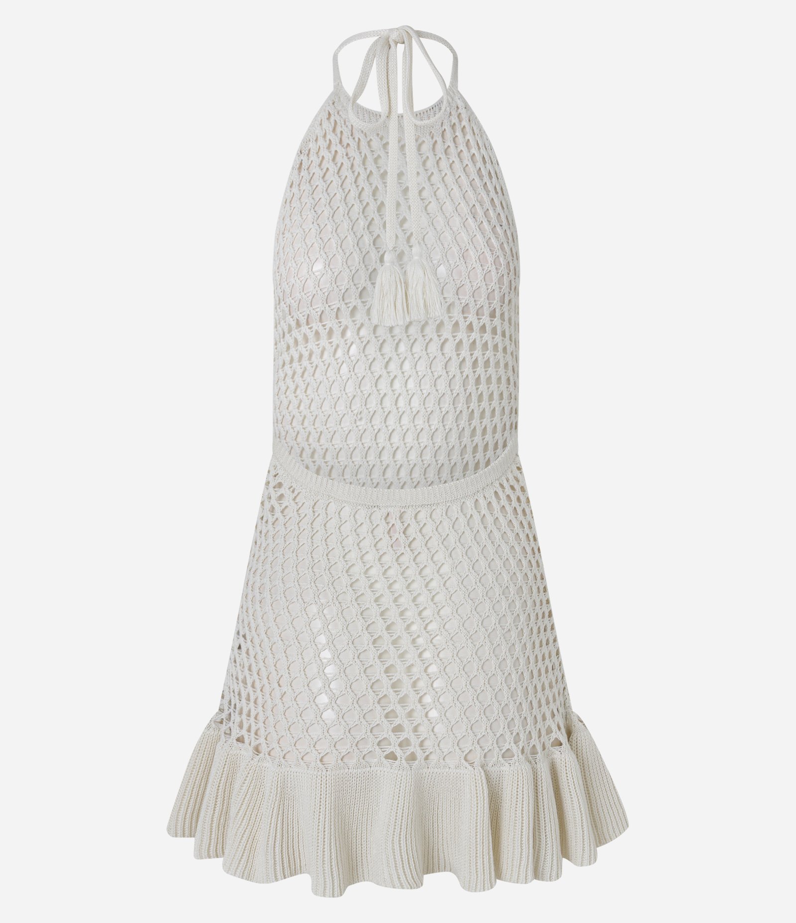 Saída de Praia Vestido Frente Única em Crochê com Babado na Barra Off White 7