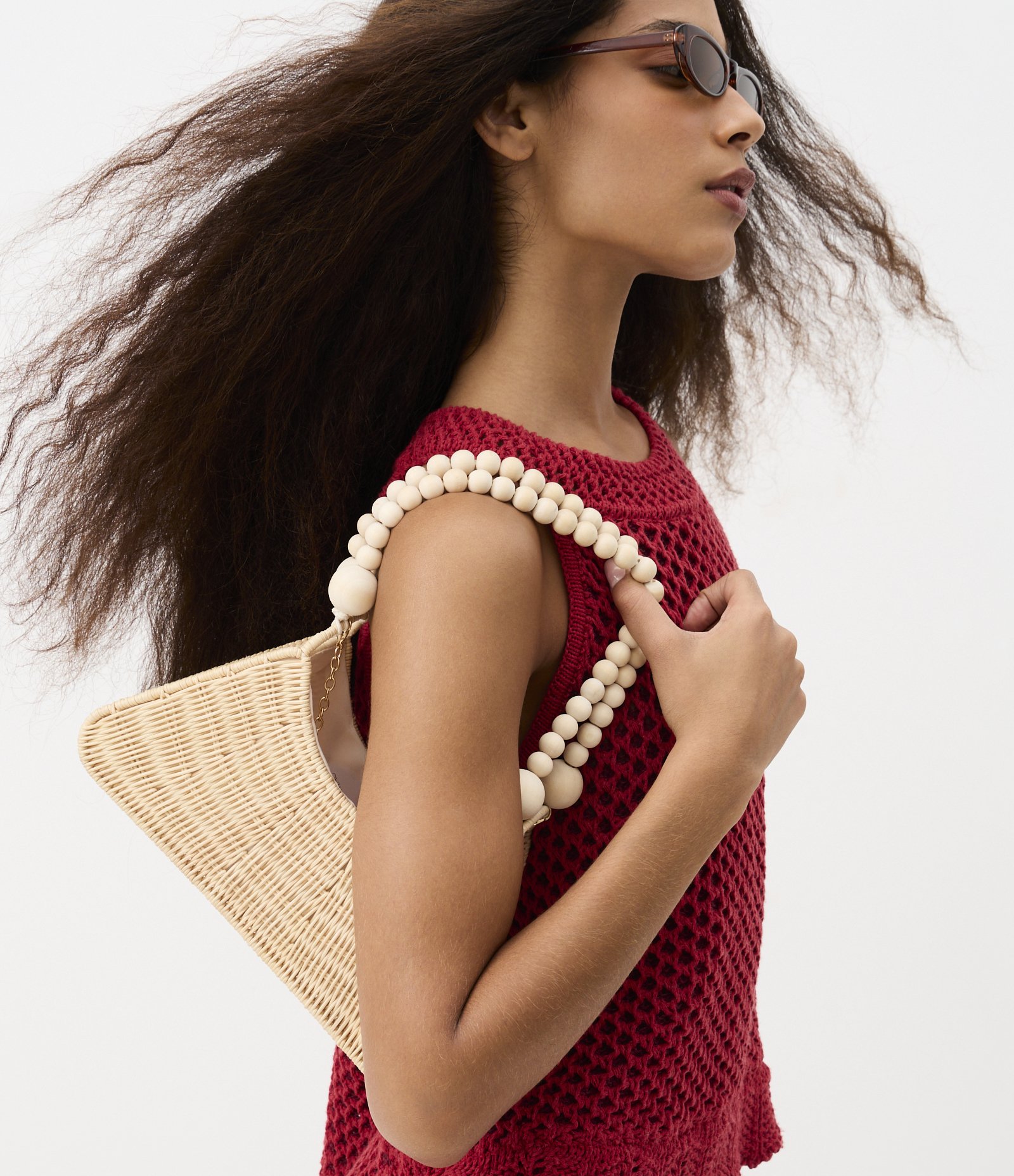 Bolsas Baguete em Palha com Alça Dupla de Bolinhas Bege 2