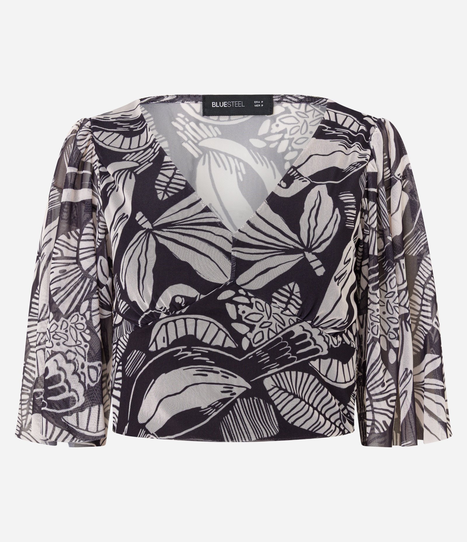 Blusa Cropped Tule com Estampa Floral Bicolor Preto/Cinza 4
