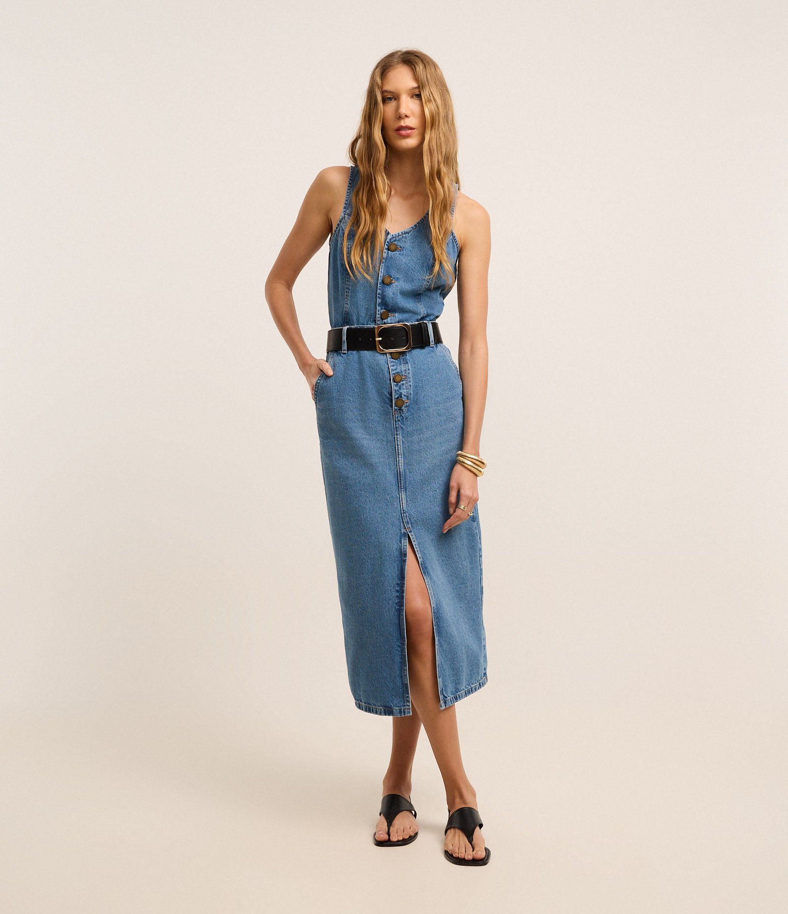 Vestido Midi em Jeans com Partes Removíveis Azul 1