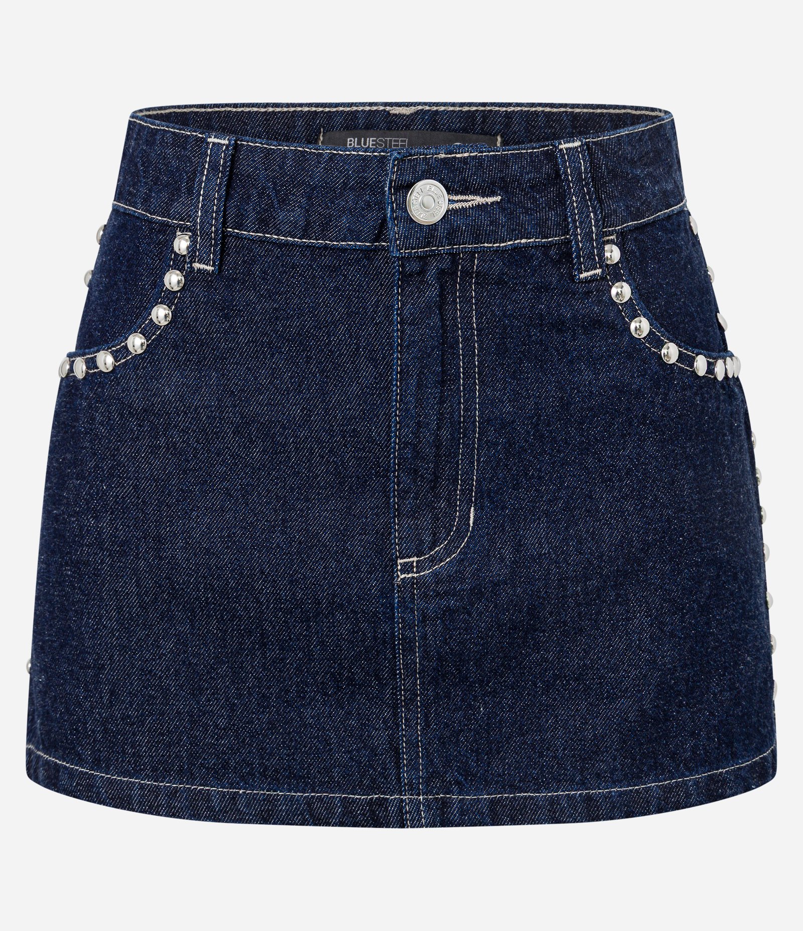 Minissaia em Jeans Raw com Aplicação de Tachinhas Azul 6