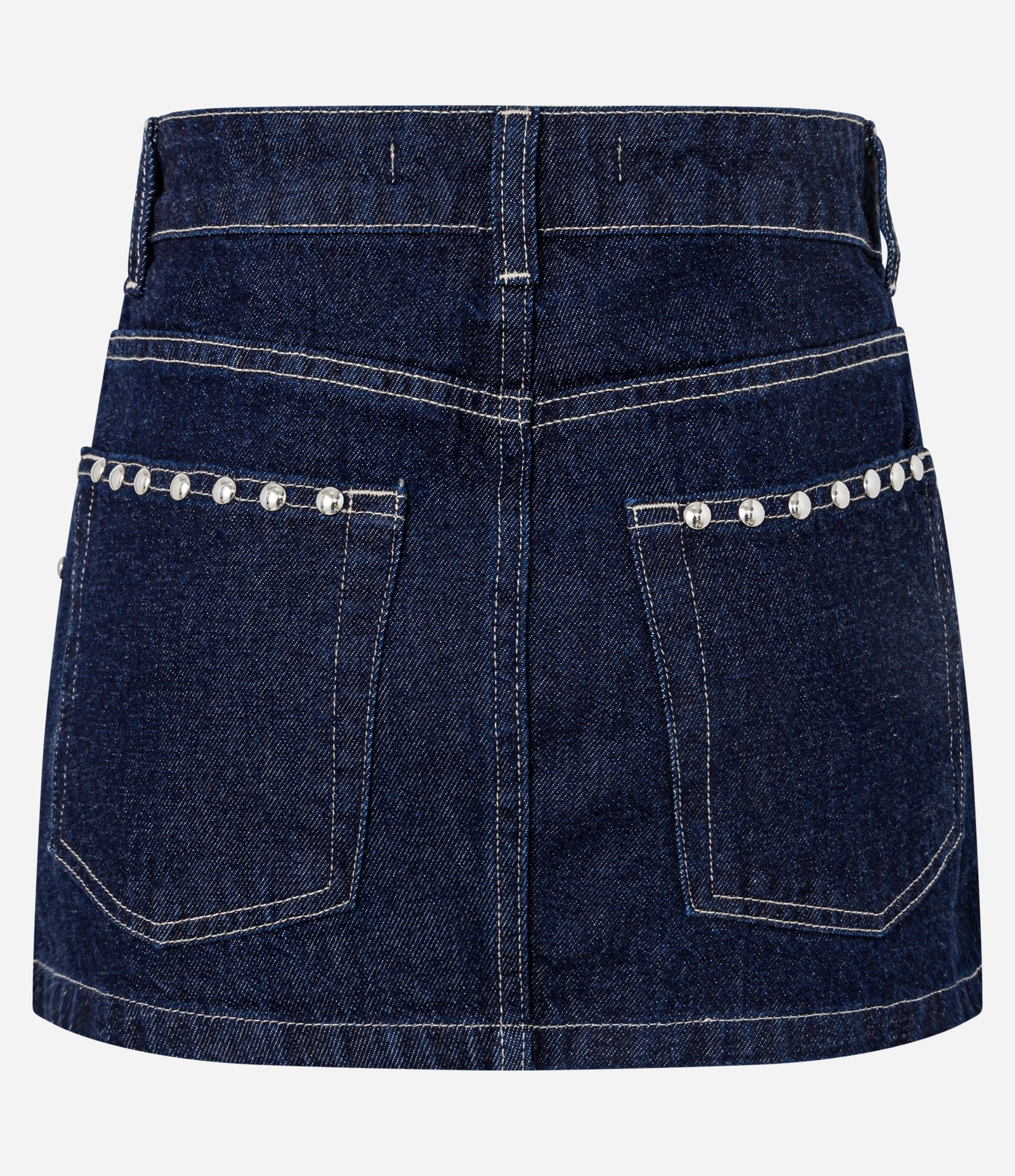 Minissaia em Jeans Raw com Aplicação de Tachinhas Azul 8