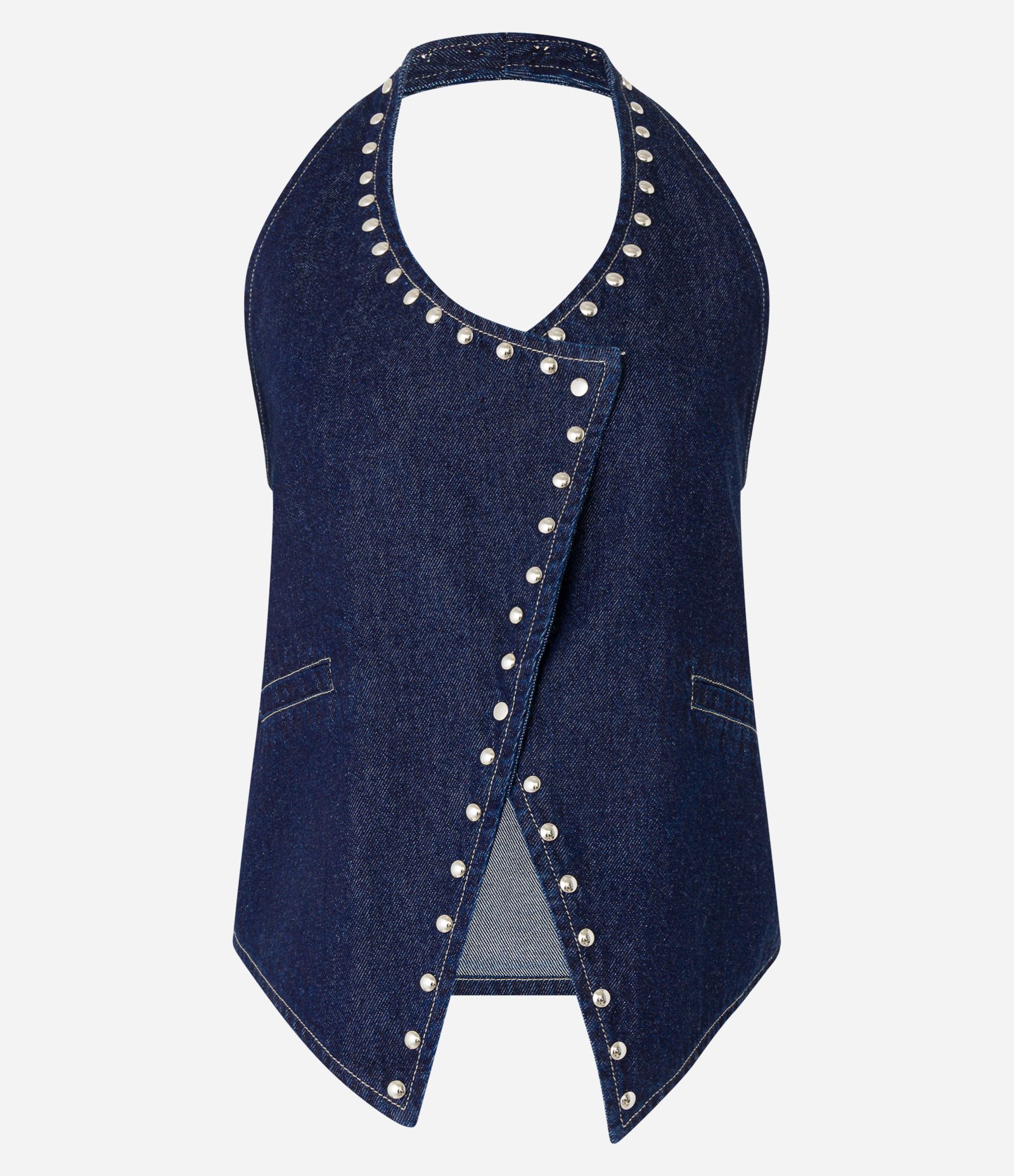 Colete Frente Única em Jeans com Tachas e Barra V Azul Marinho 7