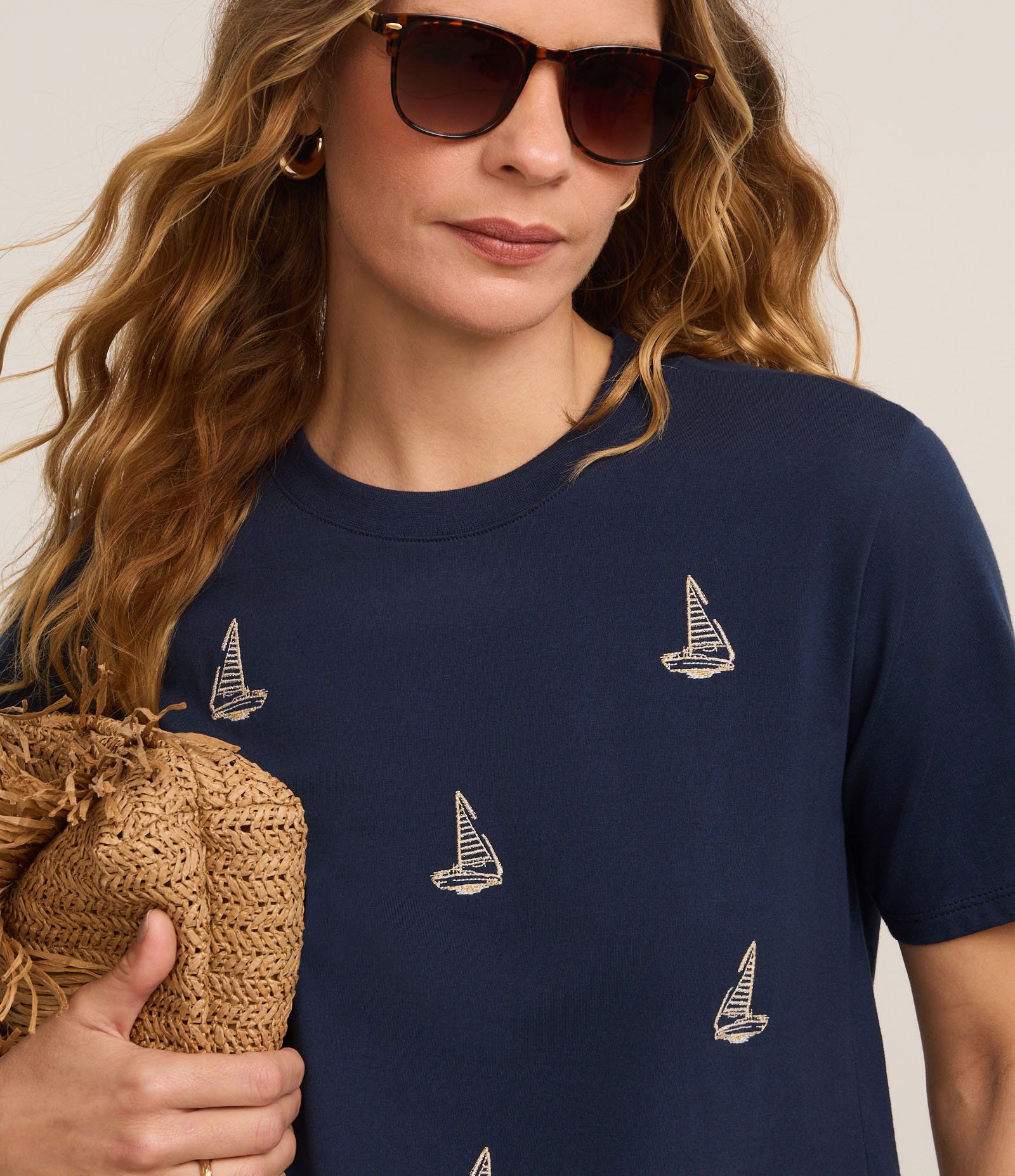 Blusa Slim em Algodão com Bordados de Barco à Vela Azul 3