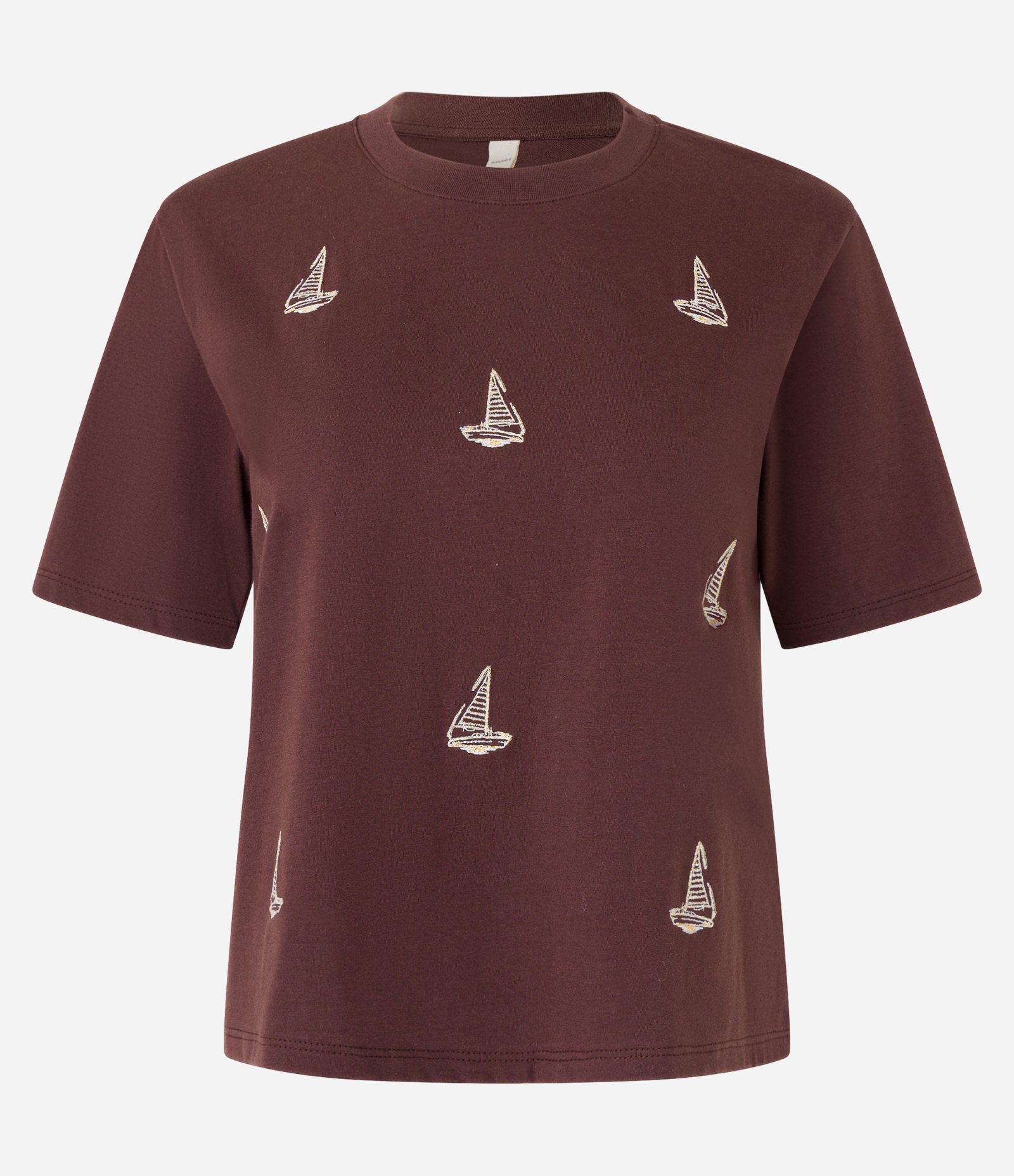 Blusa Slim em Algodão com Bordados de Barco à Vela Marrom 5