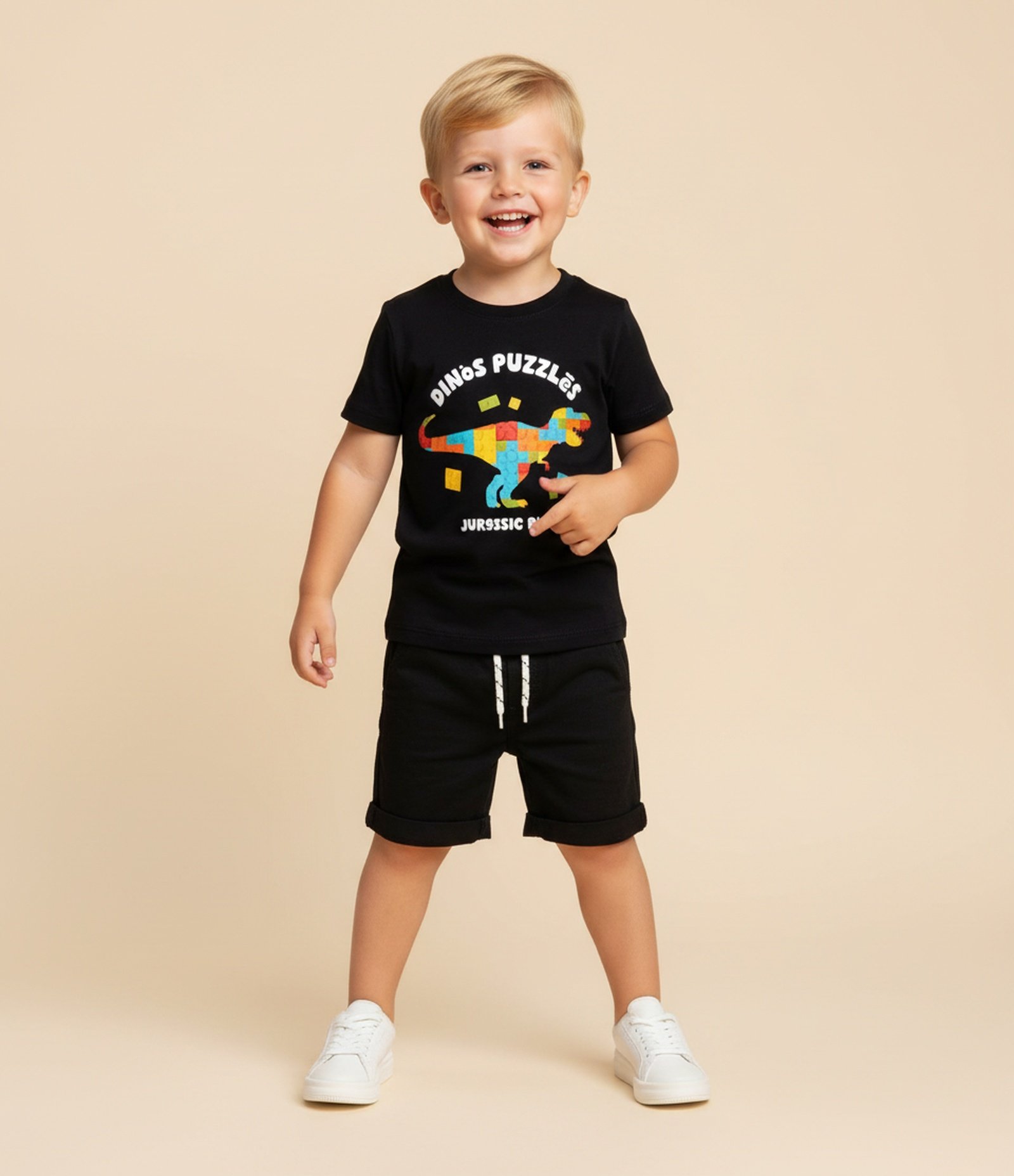 Camiseta Infantil com Estampa Dino Blocos de Montar - Tam 1 a 6 Anos Preto 1