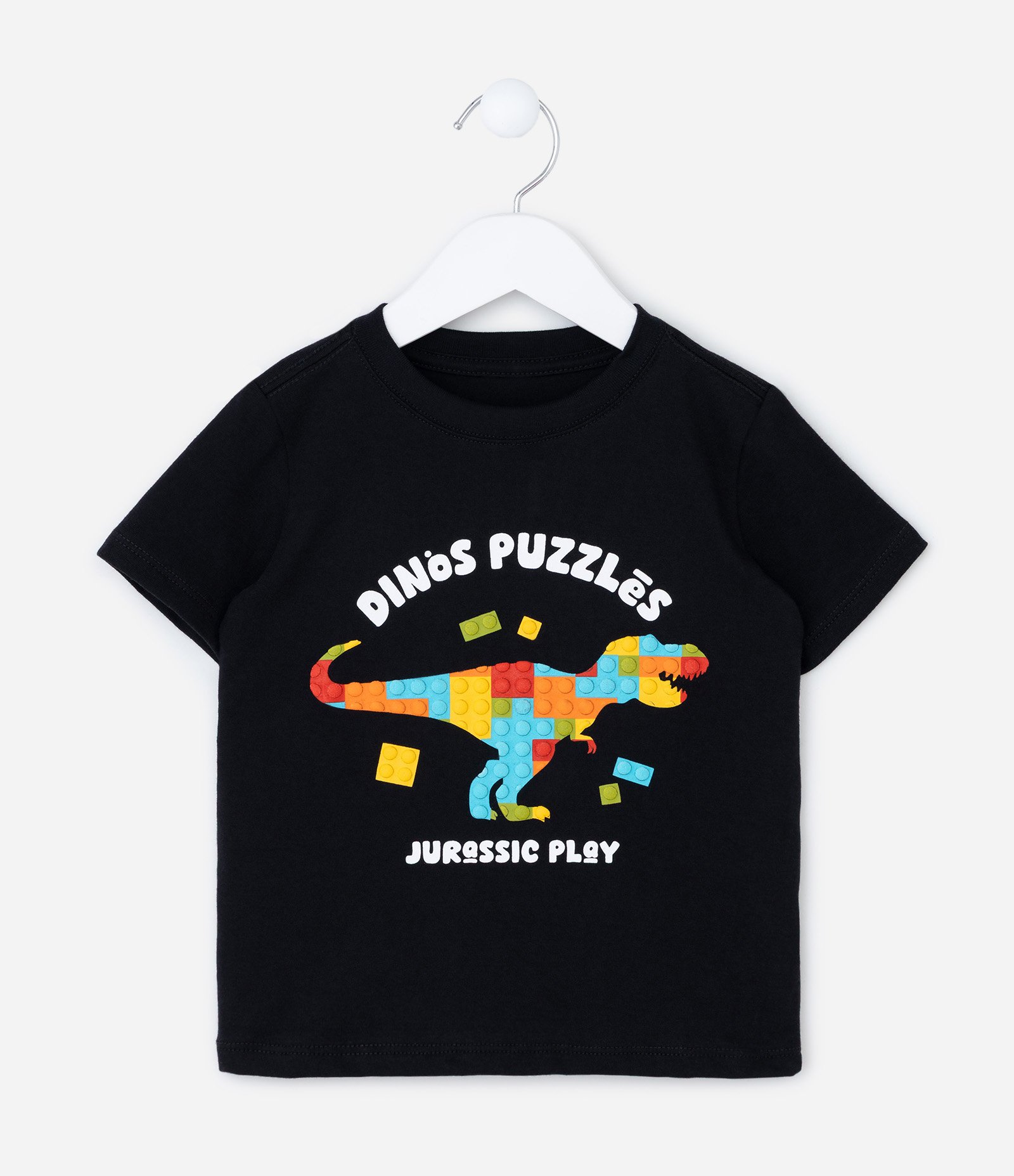 Camiseta Infantil com Estampa Dino Blocos de Montar - Tam 1 a 6 Anos Preto 2
