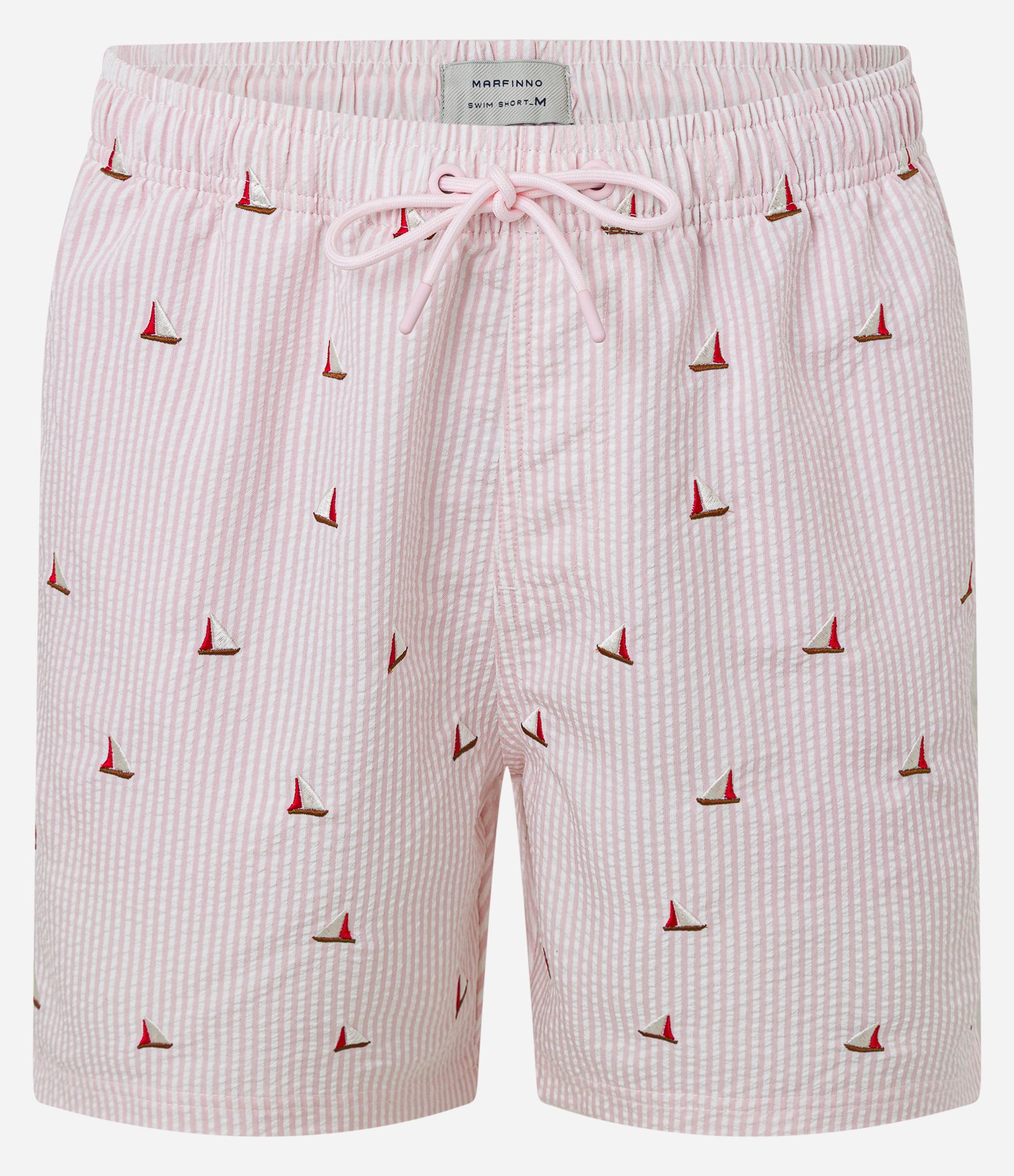 Bermuda de Praia em Microfibra com Barco Bordado e Listras Rosa 5