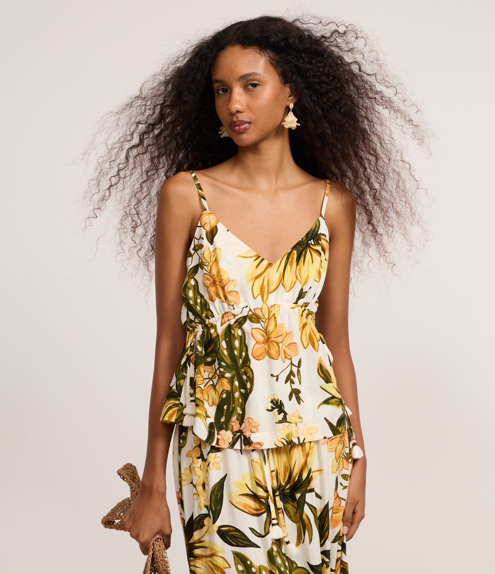 Blusa em Viscose com Alças Finas e Estampa Floral Off White/Amarelo/Verde 2