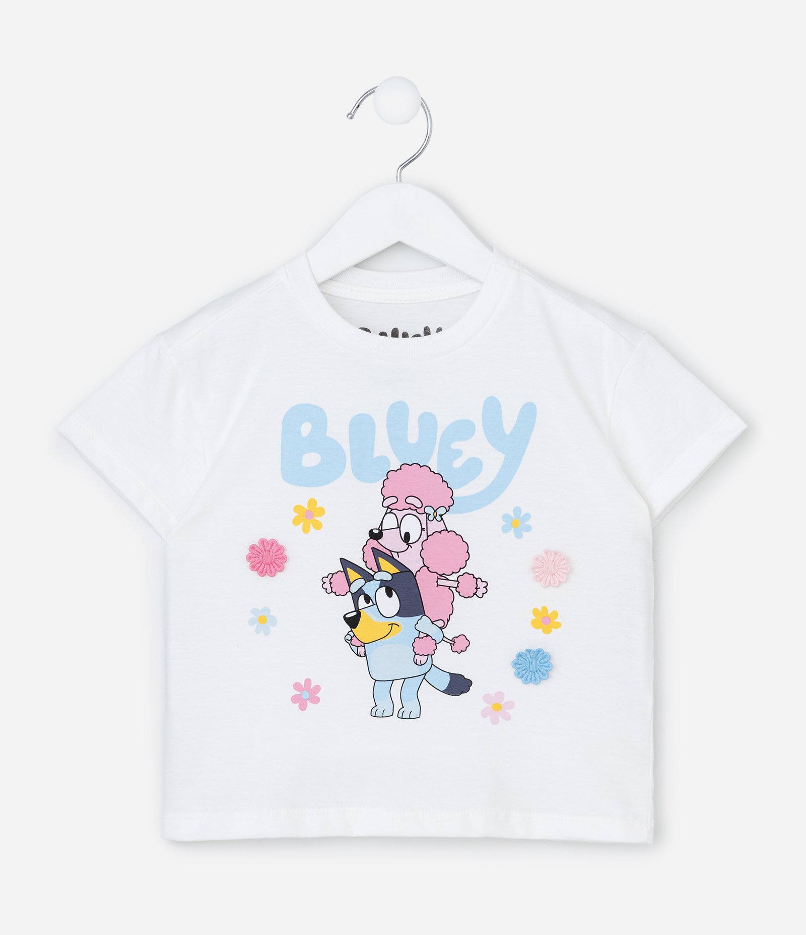 Camiseta Infantil Relaxed com Florzinhas Aplicadas Bluey e Coco - Tam 1 a 6 Anos Branco 1