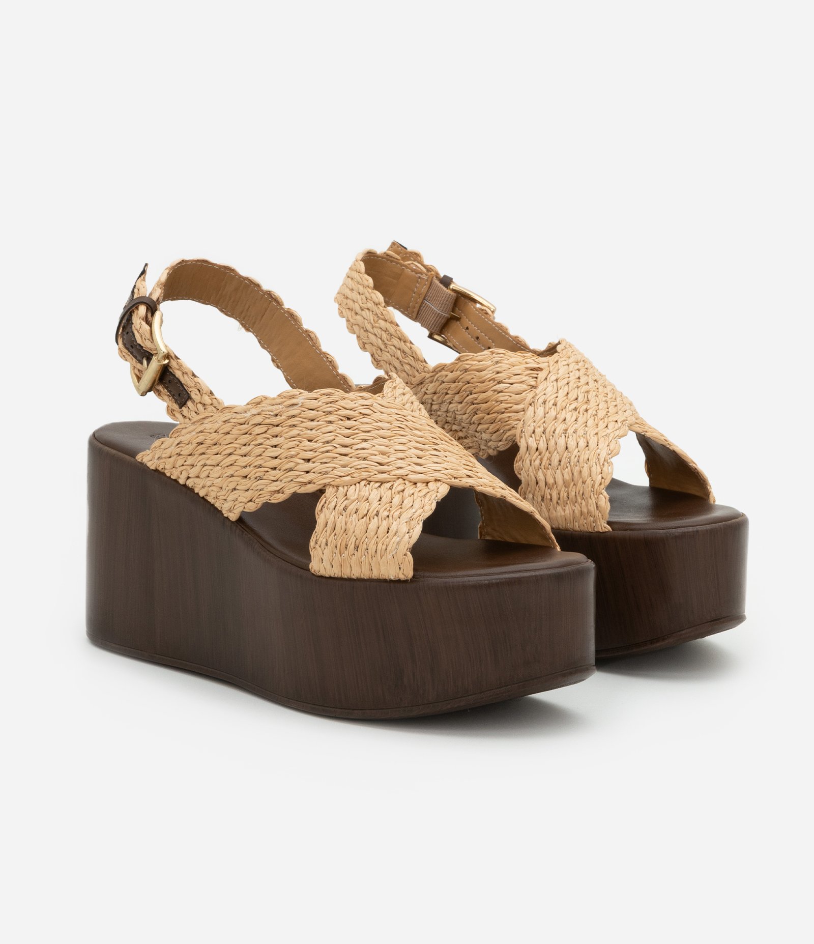Sandália Plataforma com Tira Larga X em Efeito Ráfia Marrom/Bege 3
