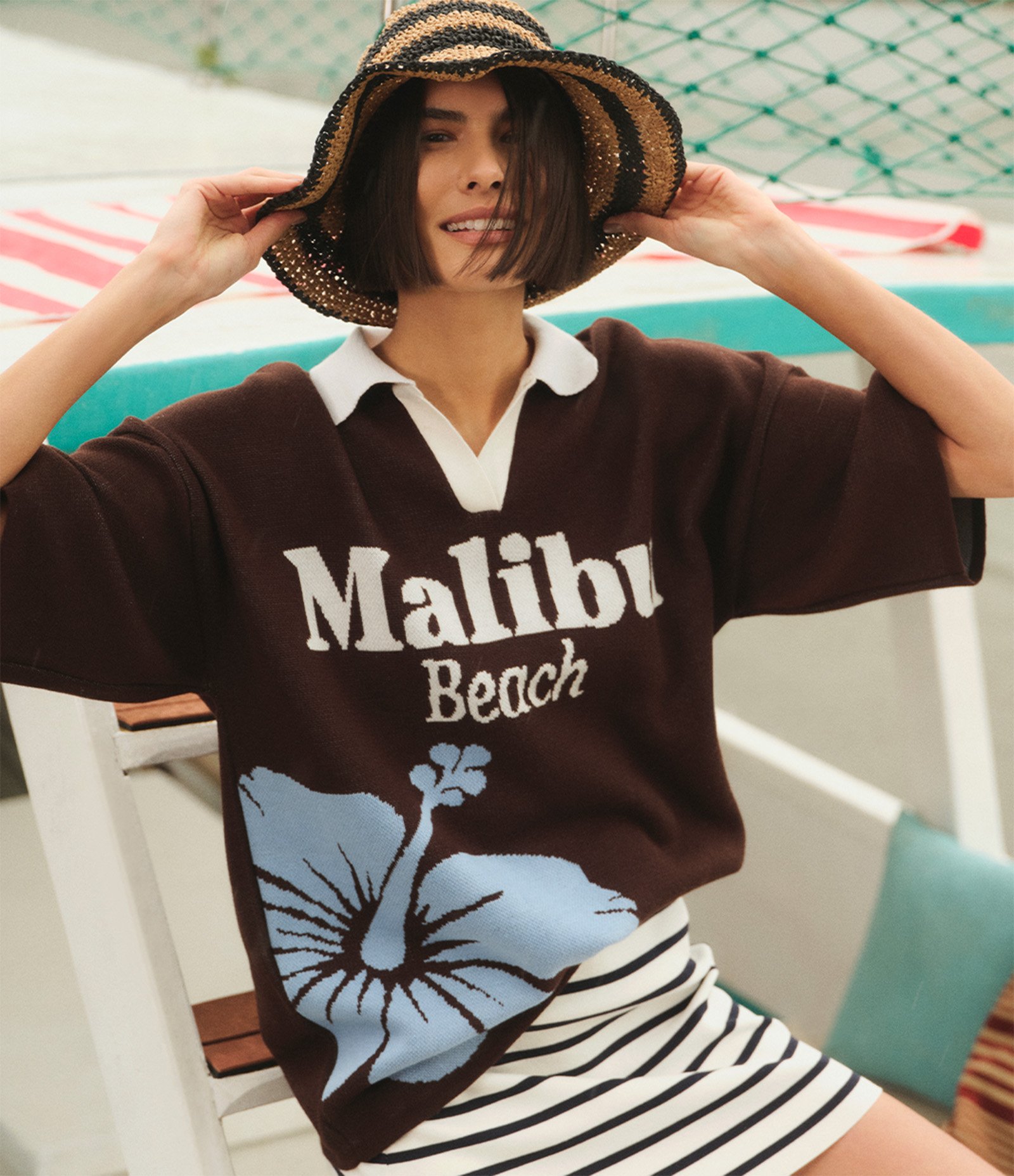 Camiseta em Tricô com Estampa Malibu Floral Marrom 1