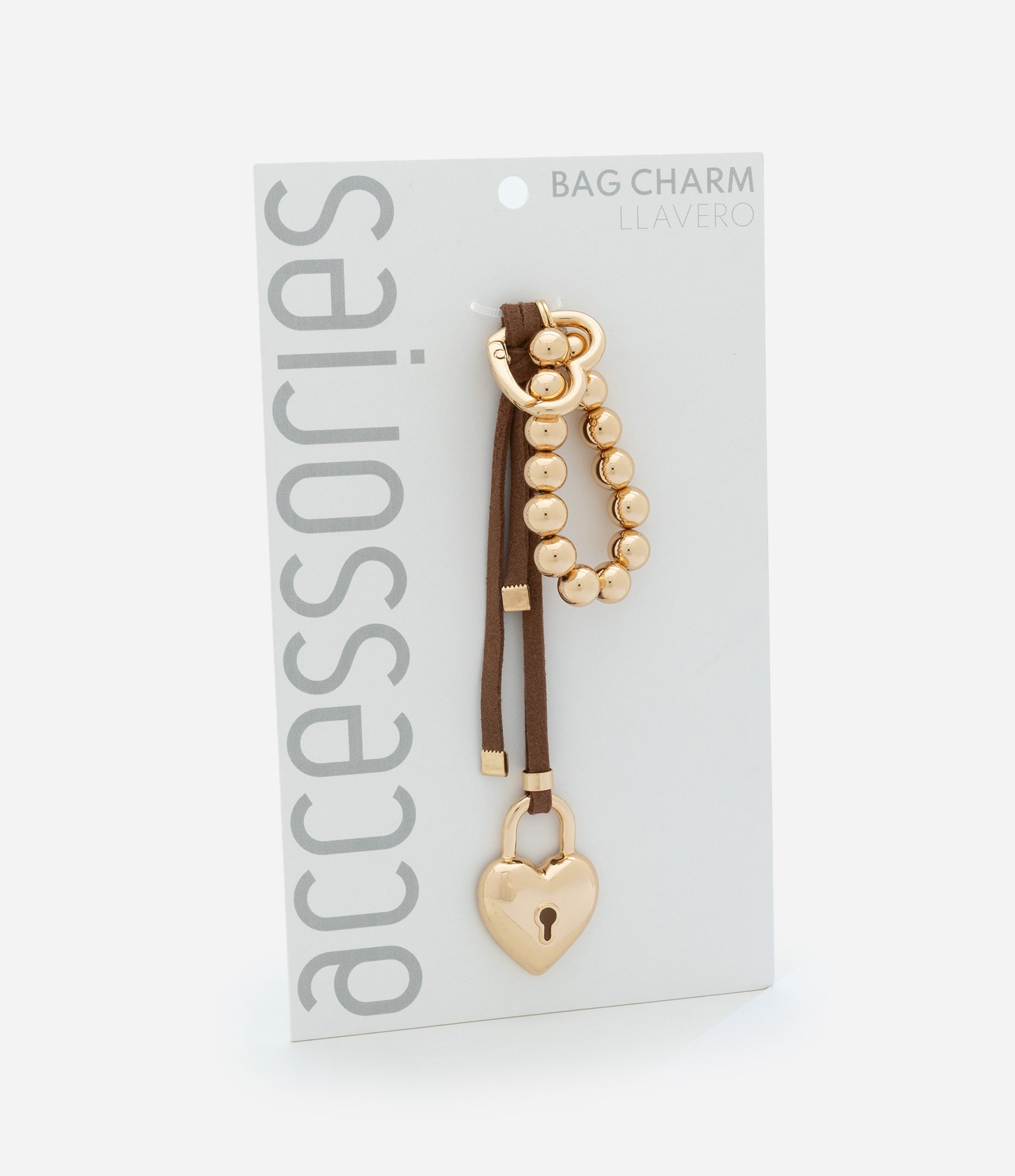 Chaveiro em Metal e Suede com Bolinhas e Mosquetão de Coração Dourado/Marrom 2