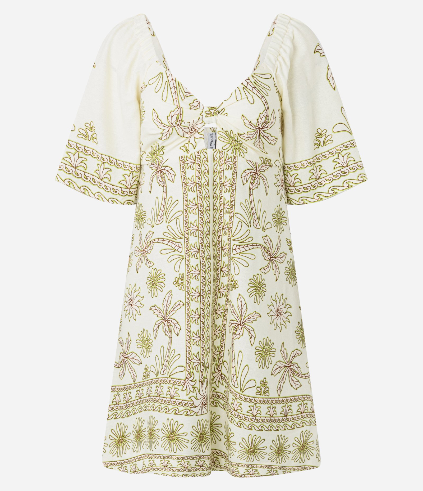 Vestido Curto Evasê em Viscolinho com Detalhe Vazado e Estampa Floral Bege 1