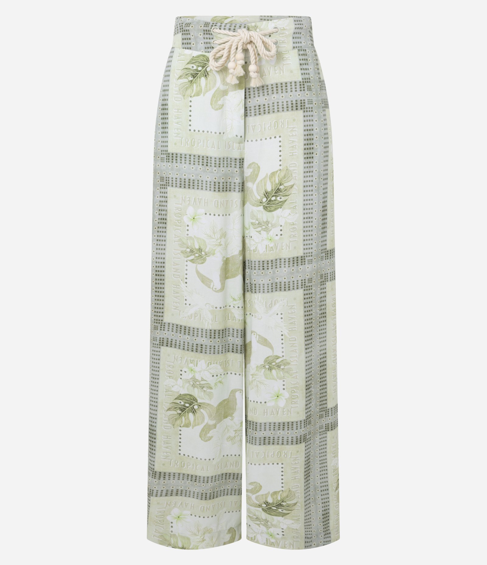 Calça Pantalona em Twill com Estampa Tropical Verde 1