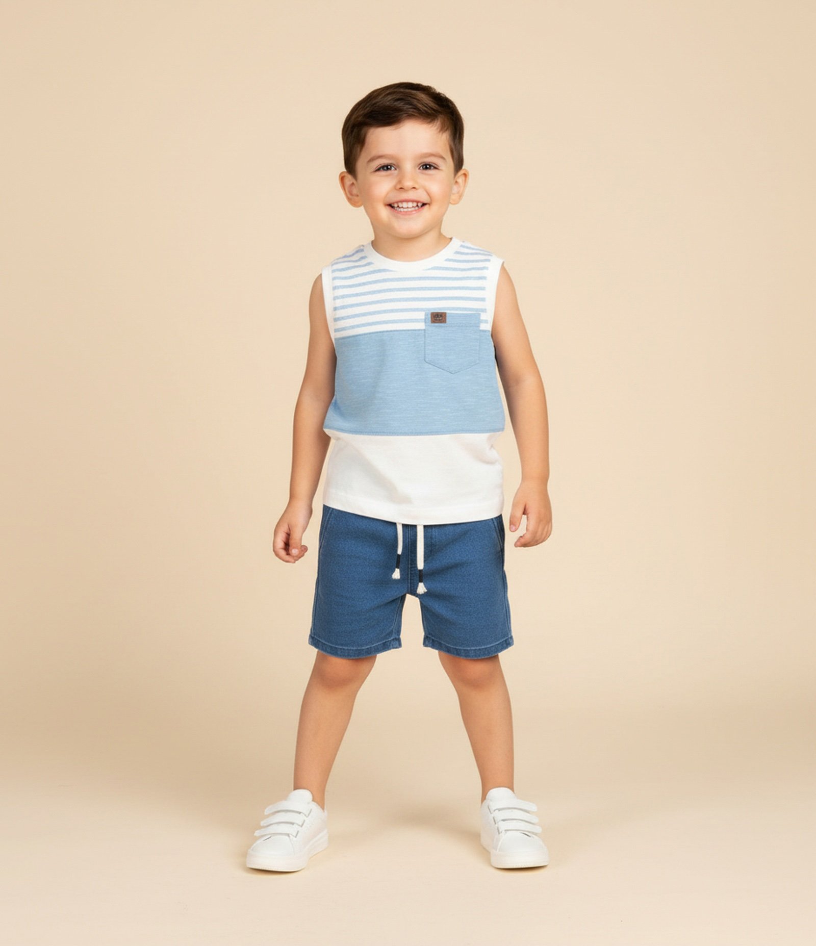 Regata Infantil com Bolsinho e Estampa Listras - Tam 1 a 6 Anos Azul/Branco 1
