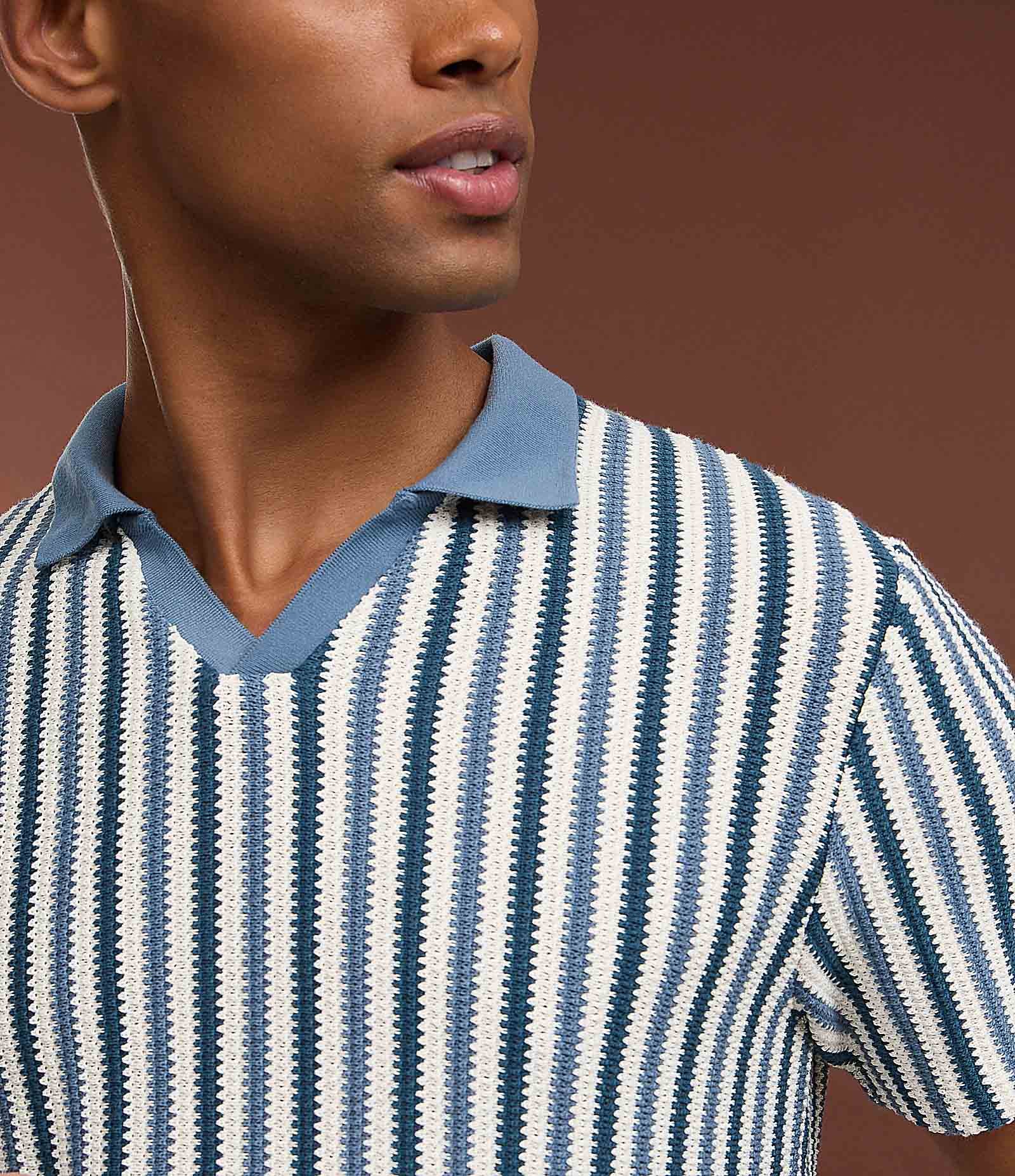 Camiseta Polo Regular com Textura e Listras Azul 3