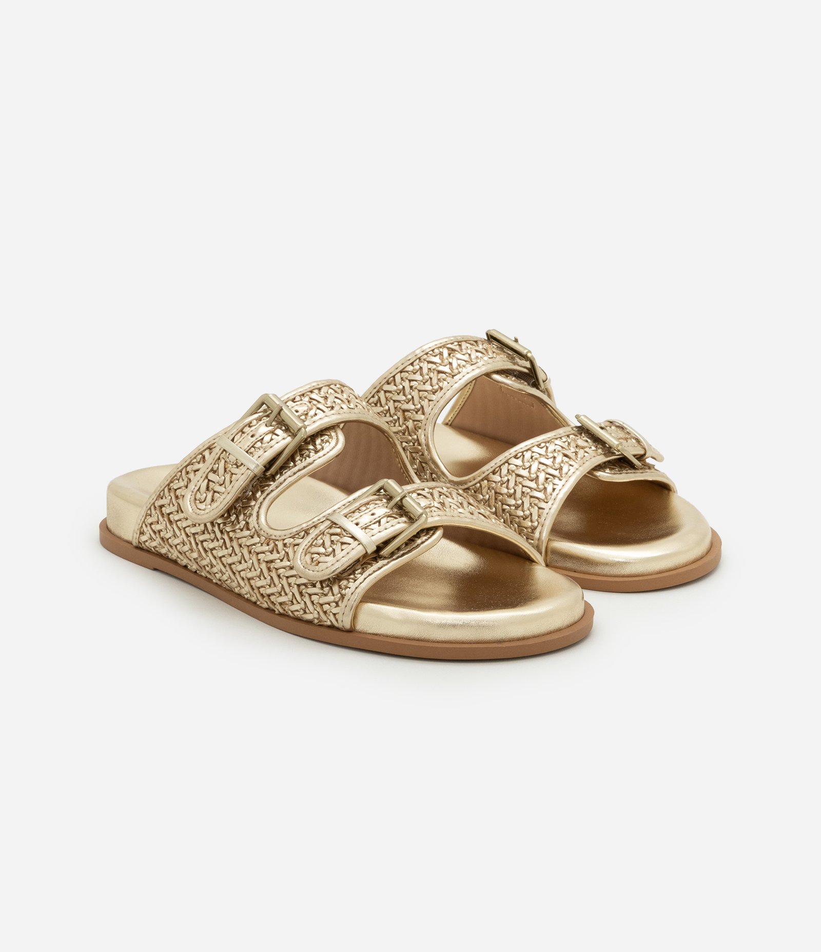 Sandália Rasteira Sport e Tiras largas com Fivelas Dourado 2