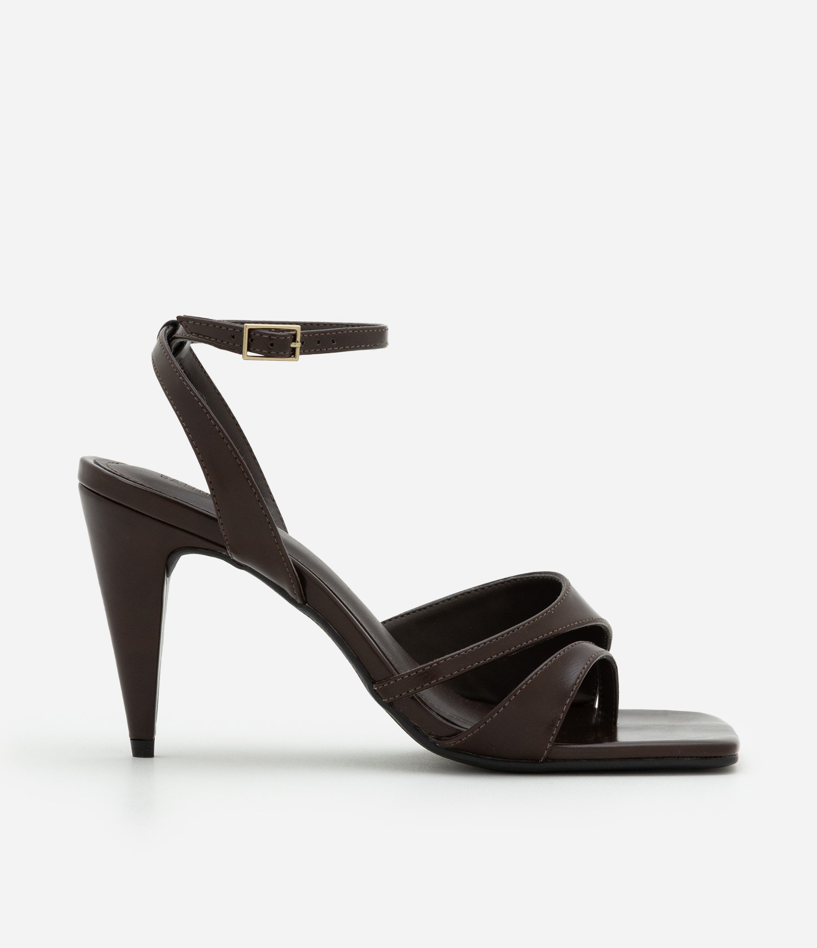 Sandália de Tiras Assimétrica com Bico Quadrado Marrom 1