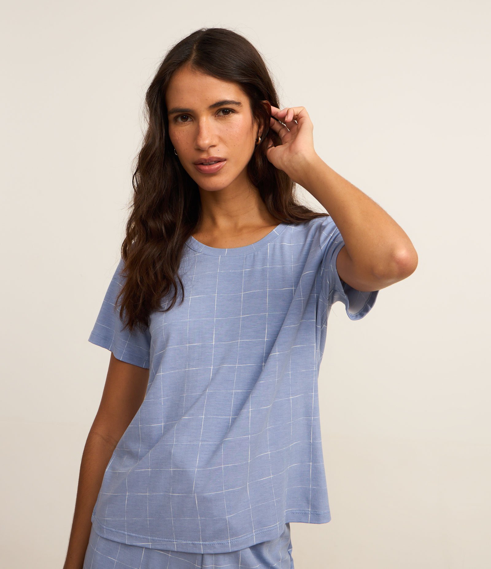 Blusa de Pijama em Viscose com Estampa Grid Azul 1