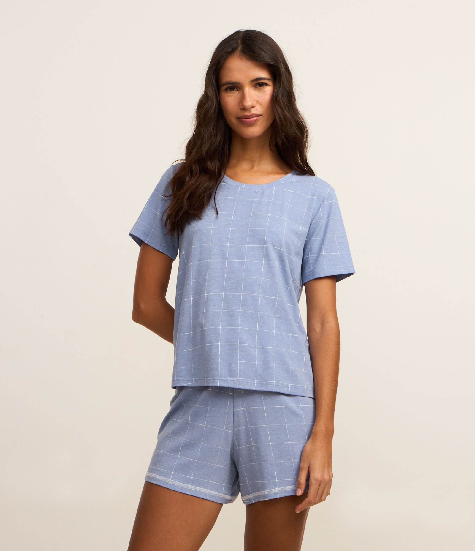 Blusa de Pijama em Viscose com Estampa Grid Azul 2