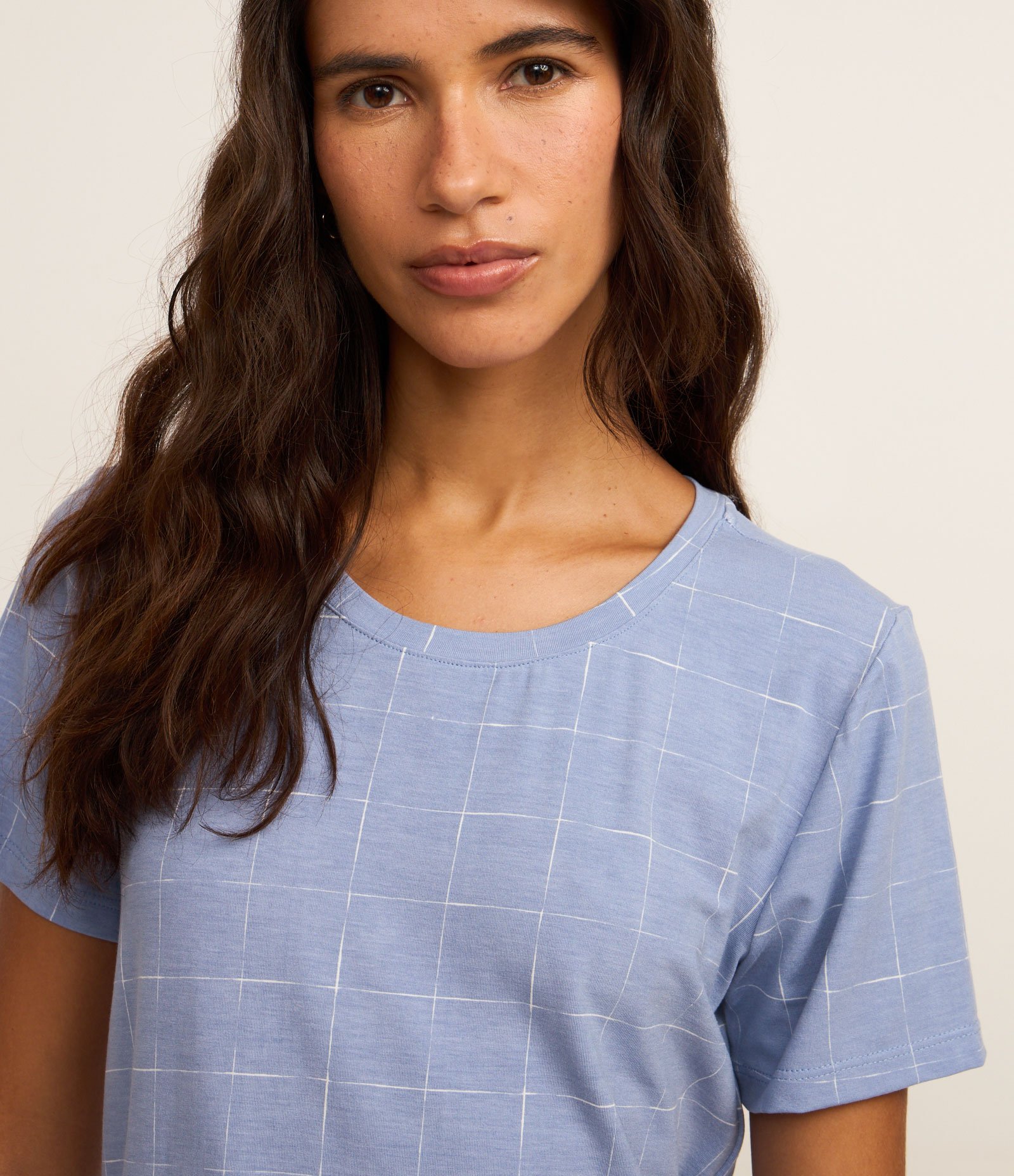 Blusa de Pijama em Viscose com Estampa Grid Azul 3